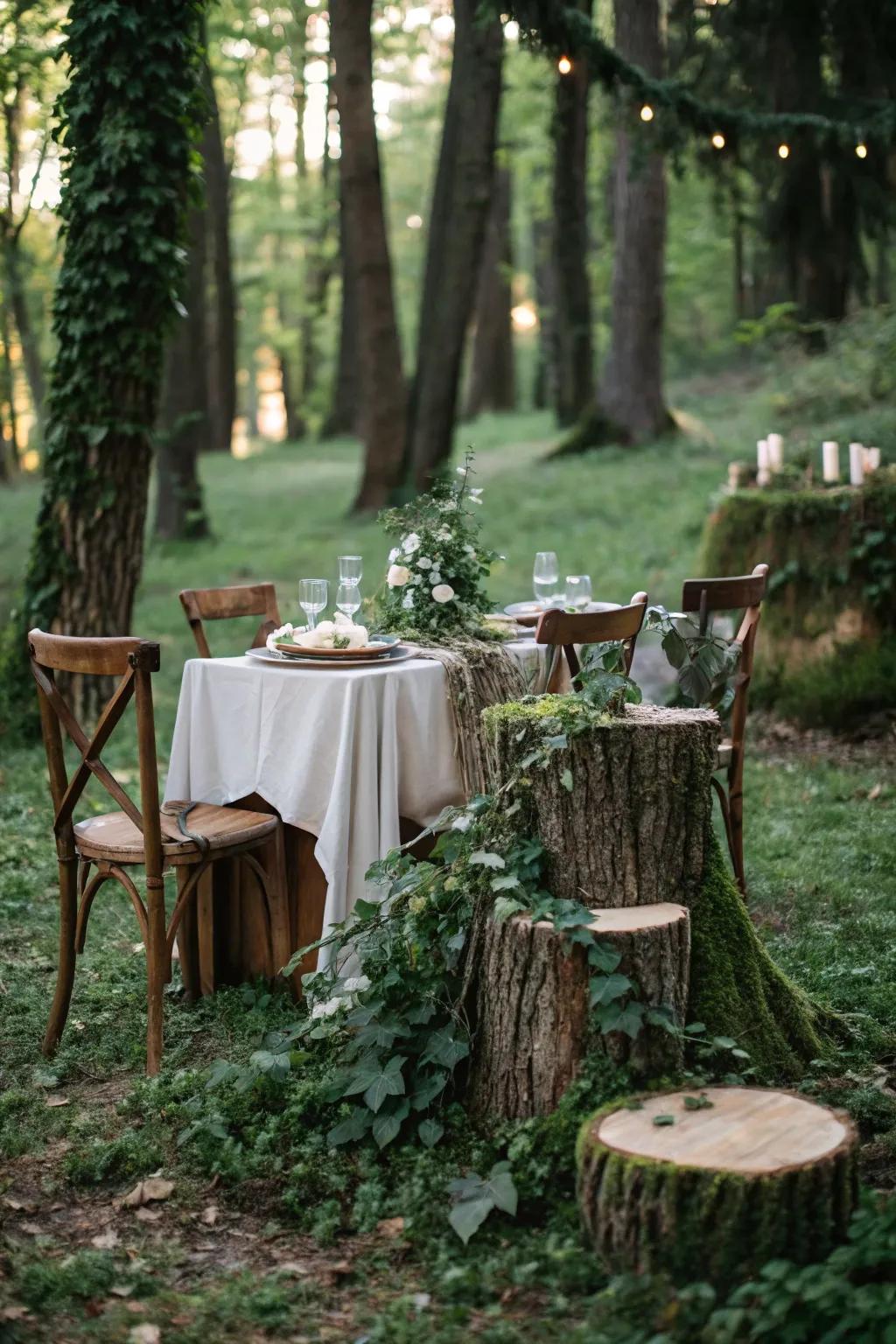 Greenery and tree stumps construct an inviting woodland tablescape.