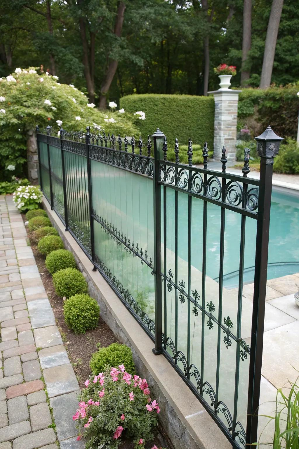 Frosted glass elements in a wrought iron fence provide privacy combined with style.