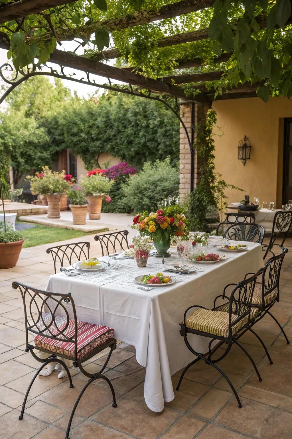 A wrought iron dining arrangement establishes an inviting space for outdoor meals.