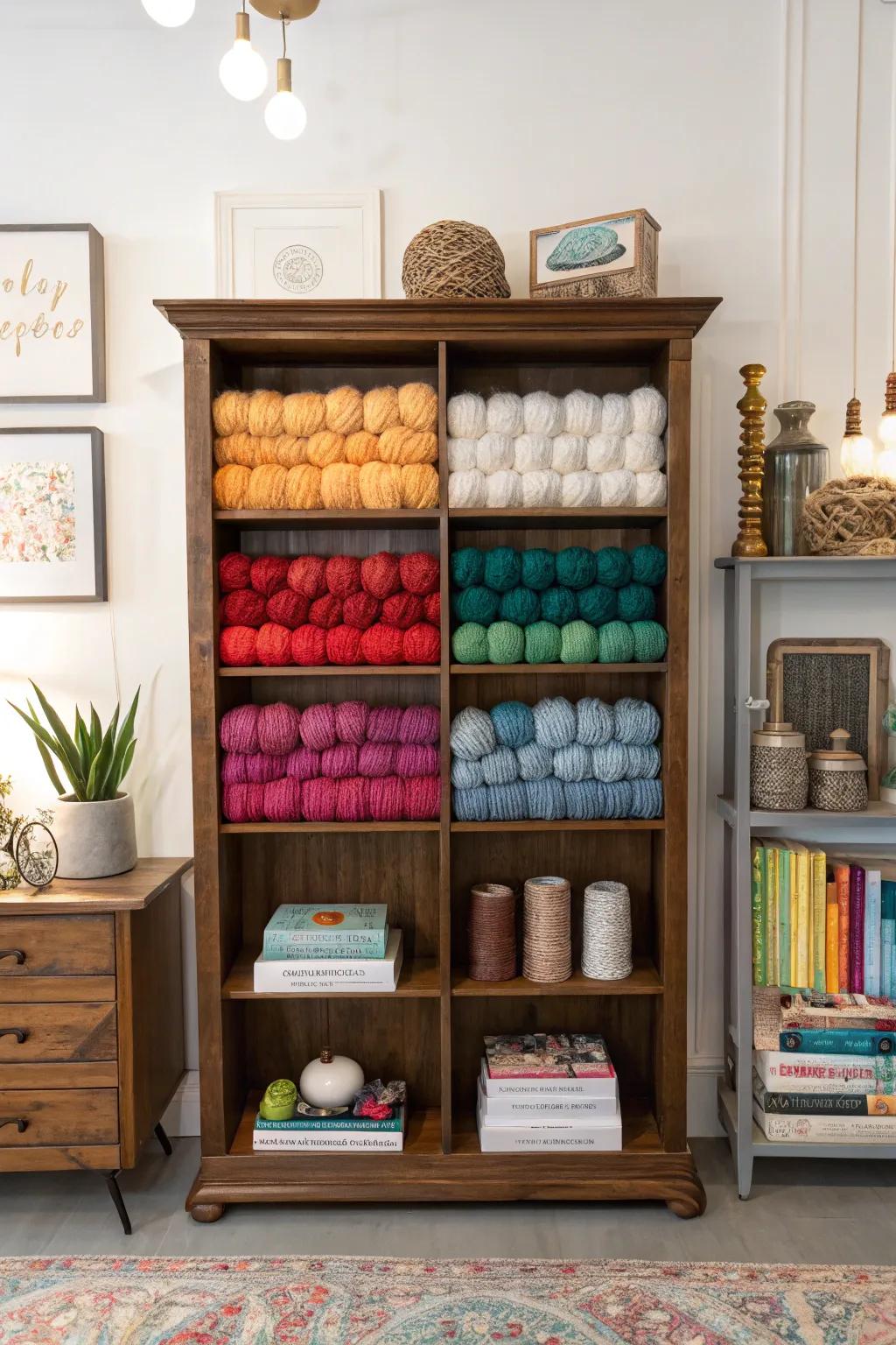 A classic bookcase turns yarn into a handpicked decorative feature.