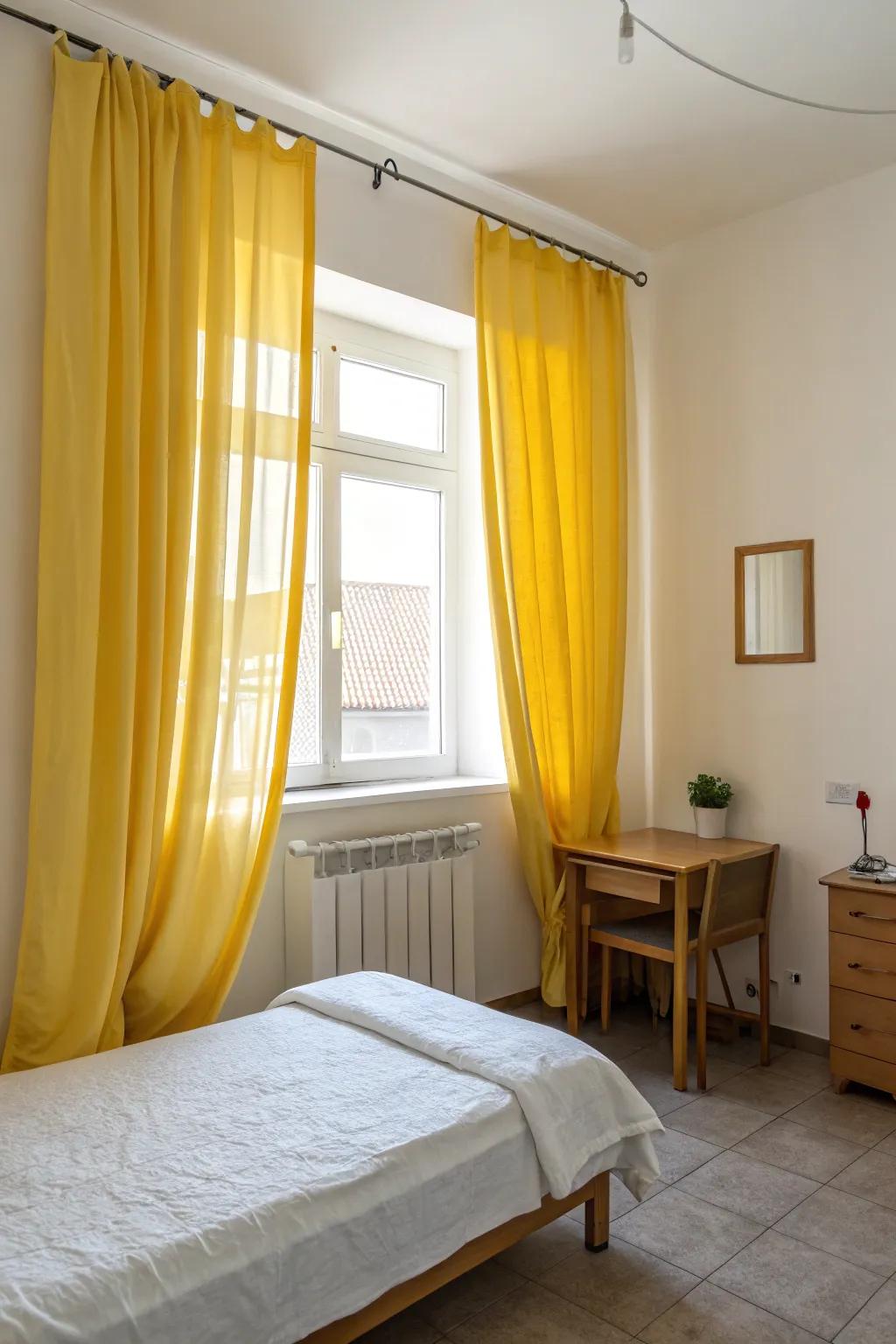 In a minimalist bedroom, yellow window coverings become a central feature, adding a touch of vibrancy.