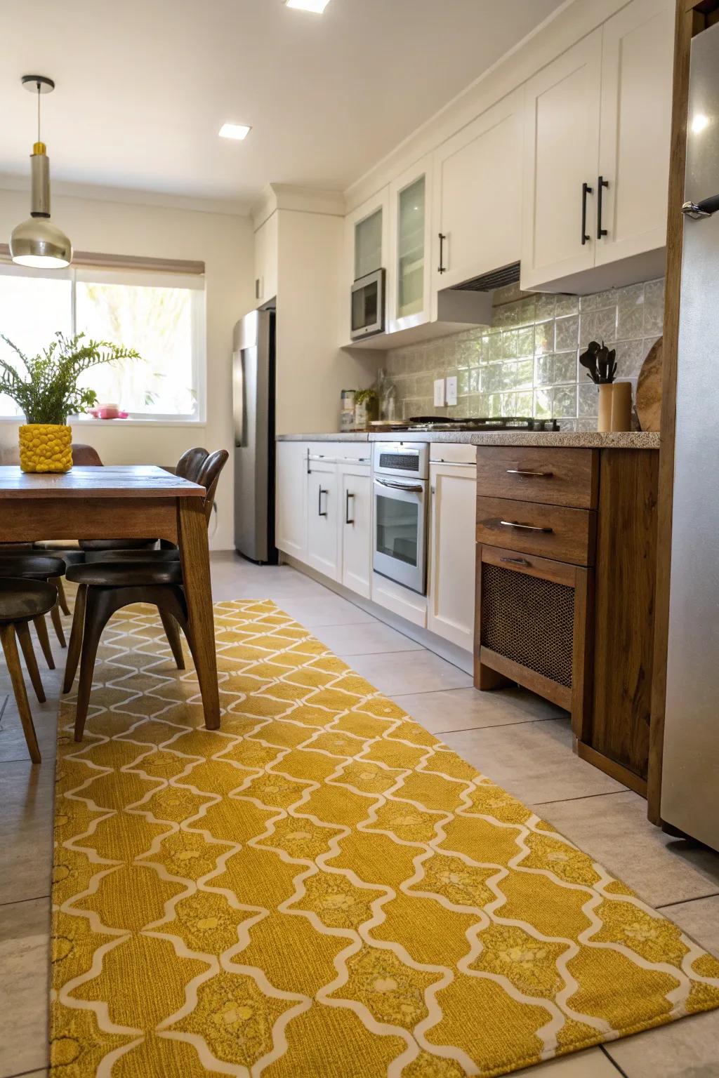 A yellow kitchen rug adds warmth and harmonizes the room's elements.