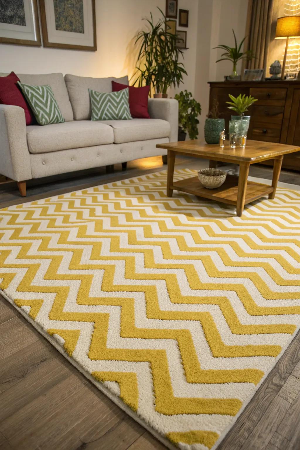 A lively living space featuring a bold patterned rug.