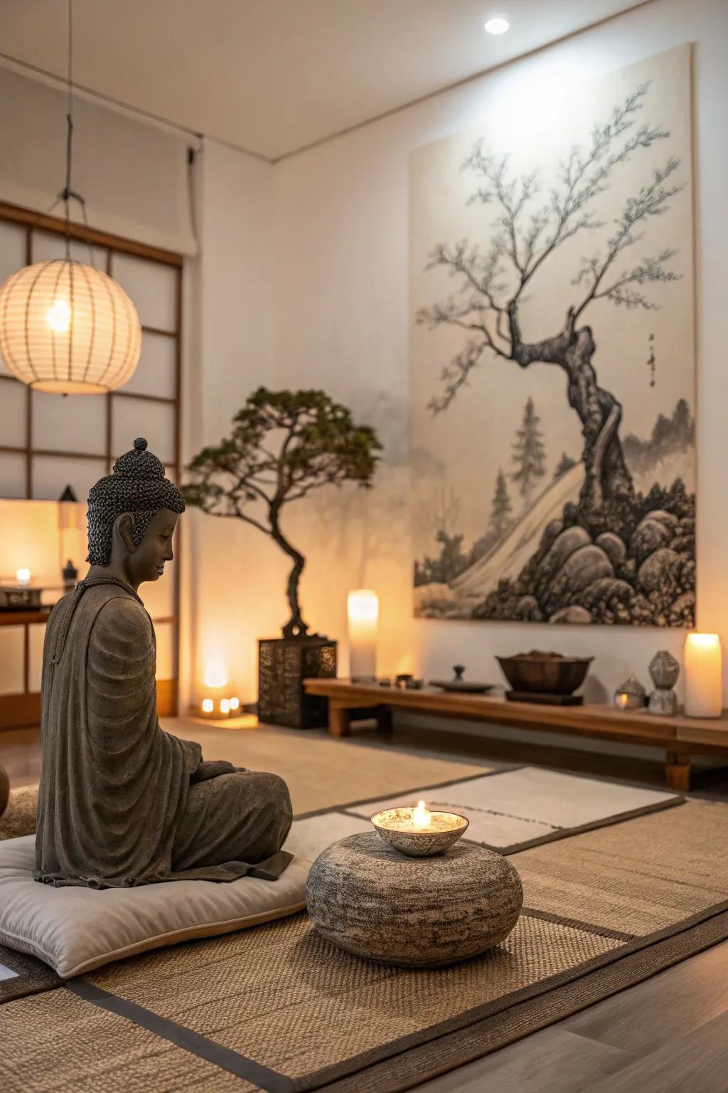 Nature-themed decoration creates a meditative point of focus.