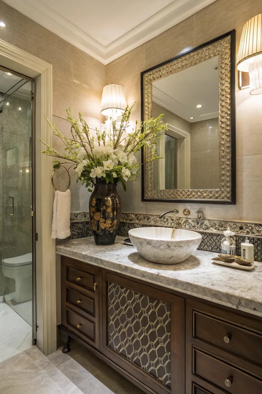 A vintage vase functions as a showpiece in this powder room.