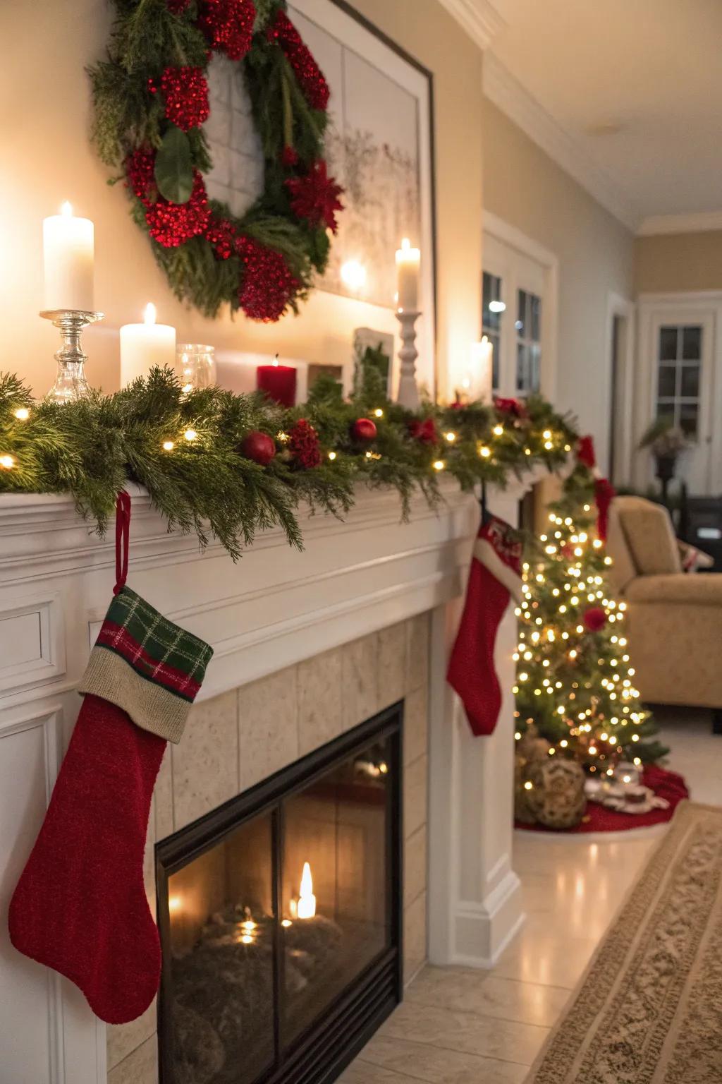 A cozy mantel adorned for the Yuletide season.
