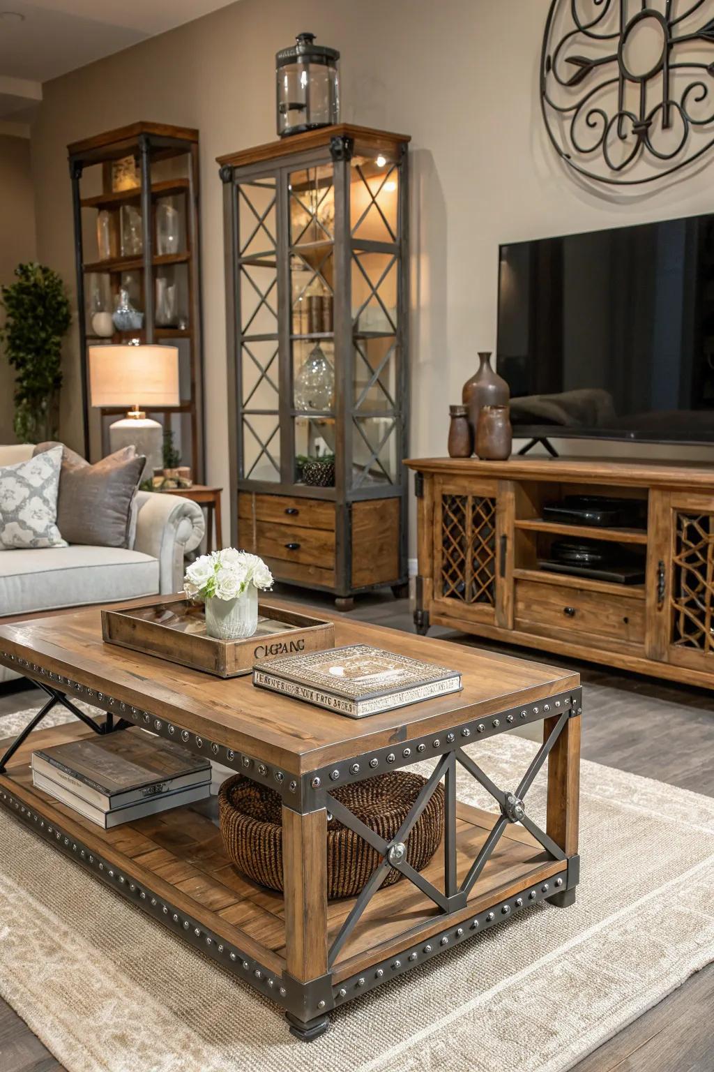 Mixed materials create a rich, layered aesthetic.