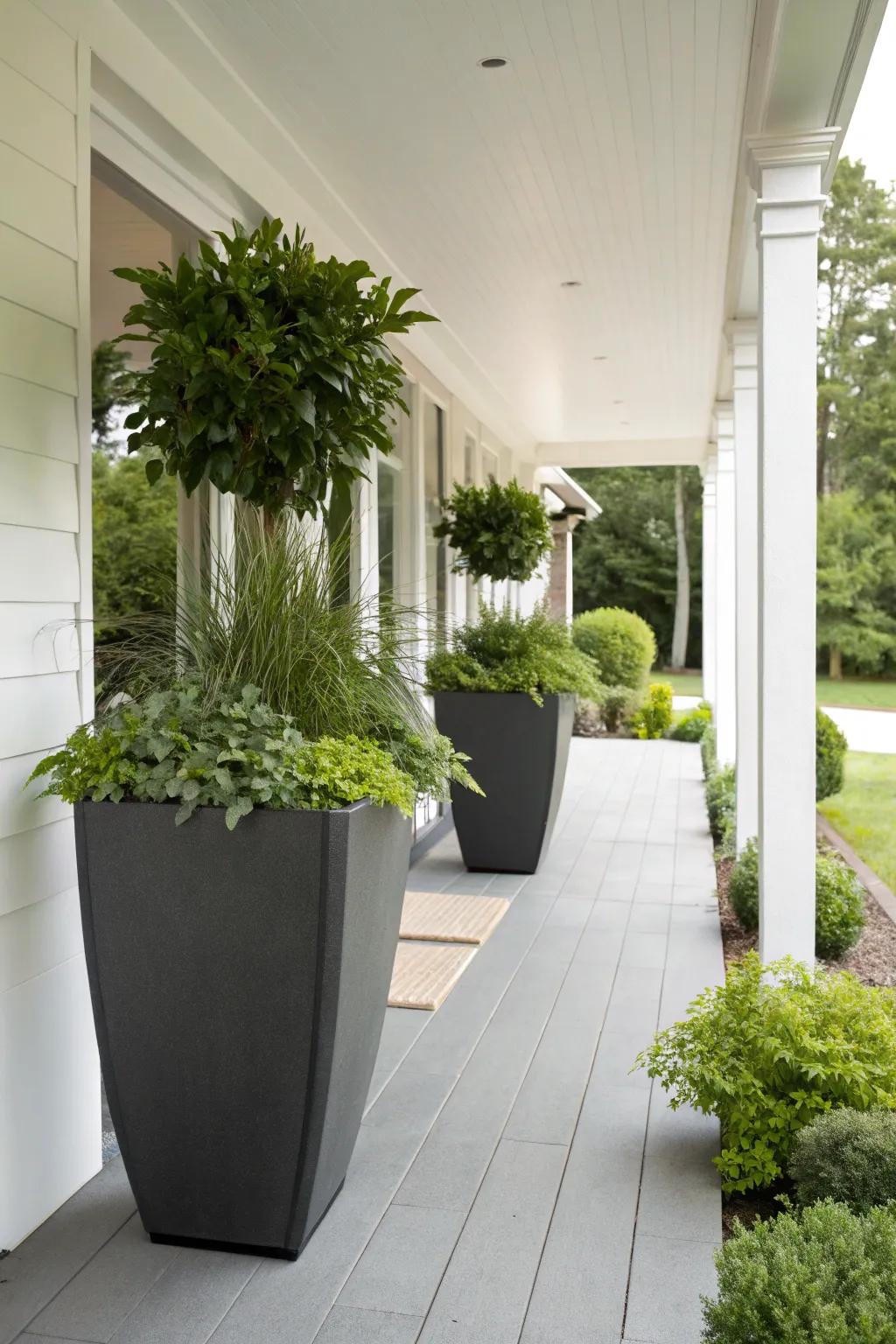 Bold planters make a statement on a modern porch.