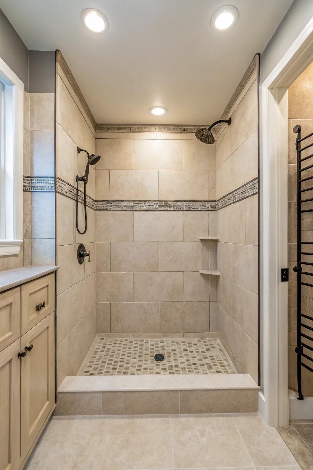 Plain colors make a peaceful and large shower space.