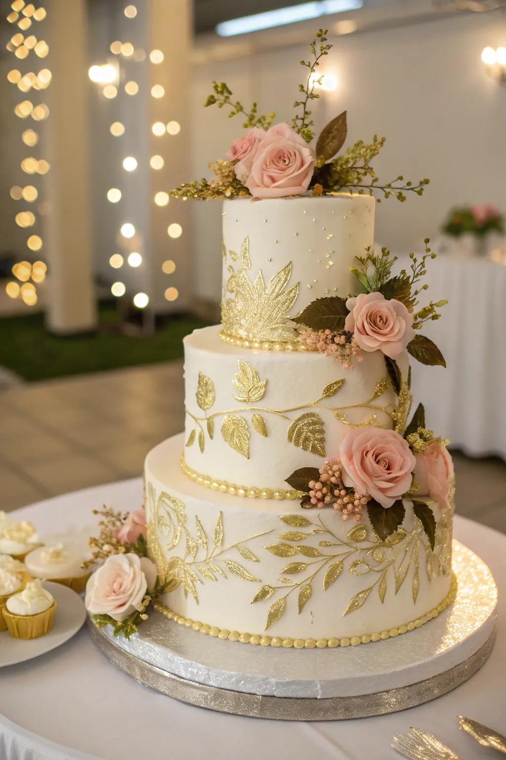 A stunning anniversary cake adorned with golden details and floral elements.