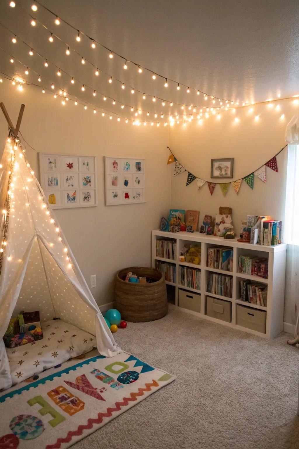 An ethereal bedroom illuminated by softly glowing string illumination.