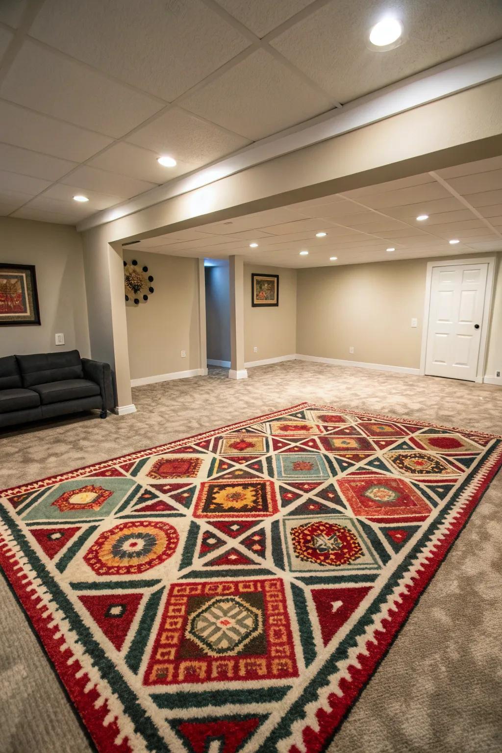 Patterned rugs act as a lively centrepiece.