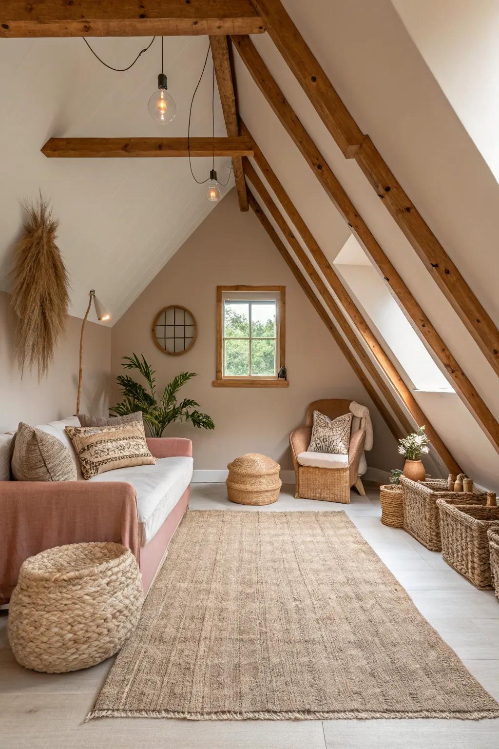 A muted hue selection cultivates a tranquil and spacious attic atmosphere.