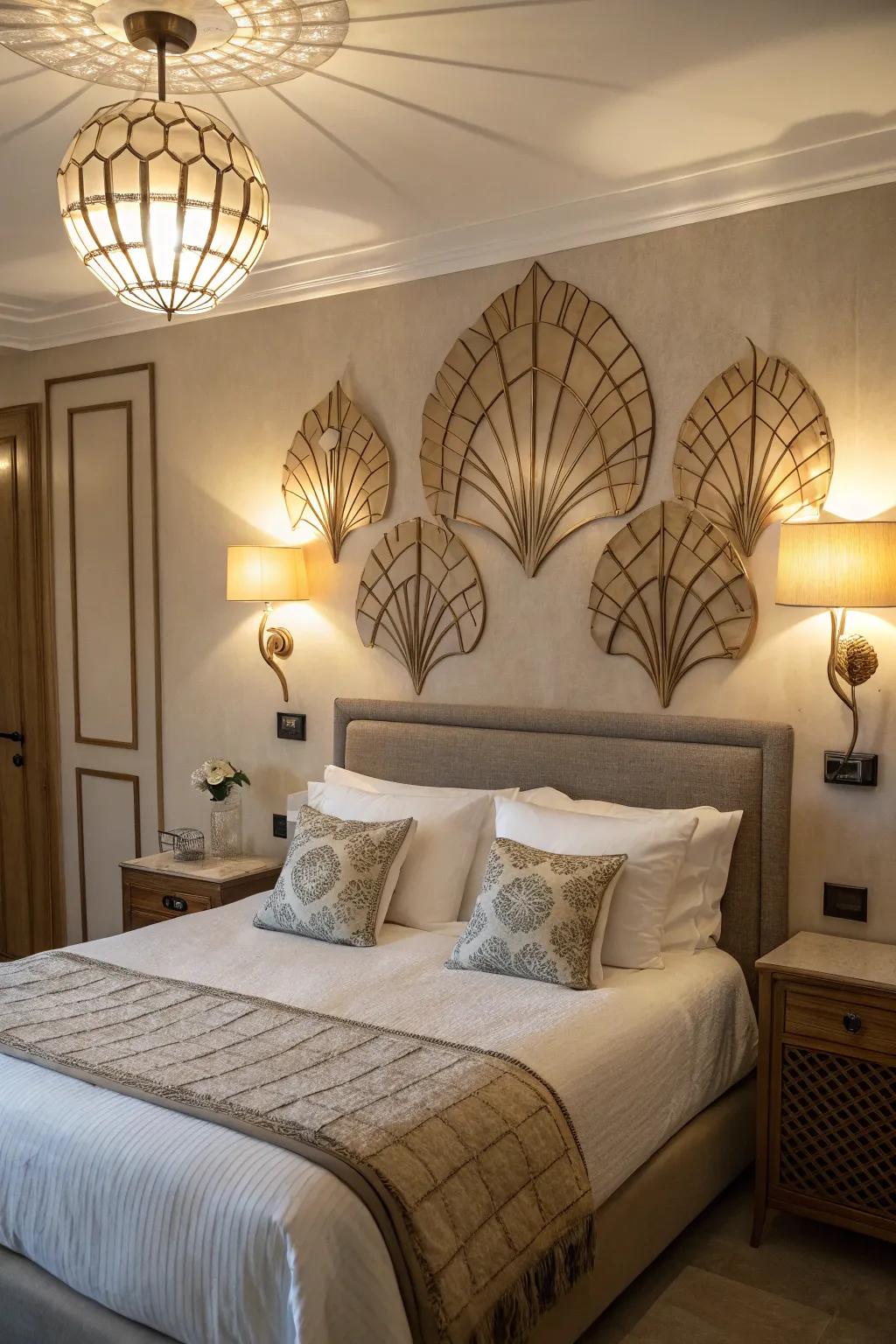 Sculptural sconces offer artistic lighting above the bed.