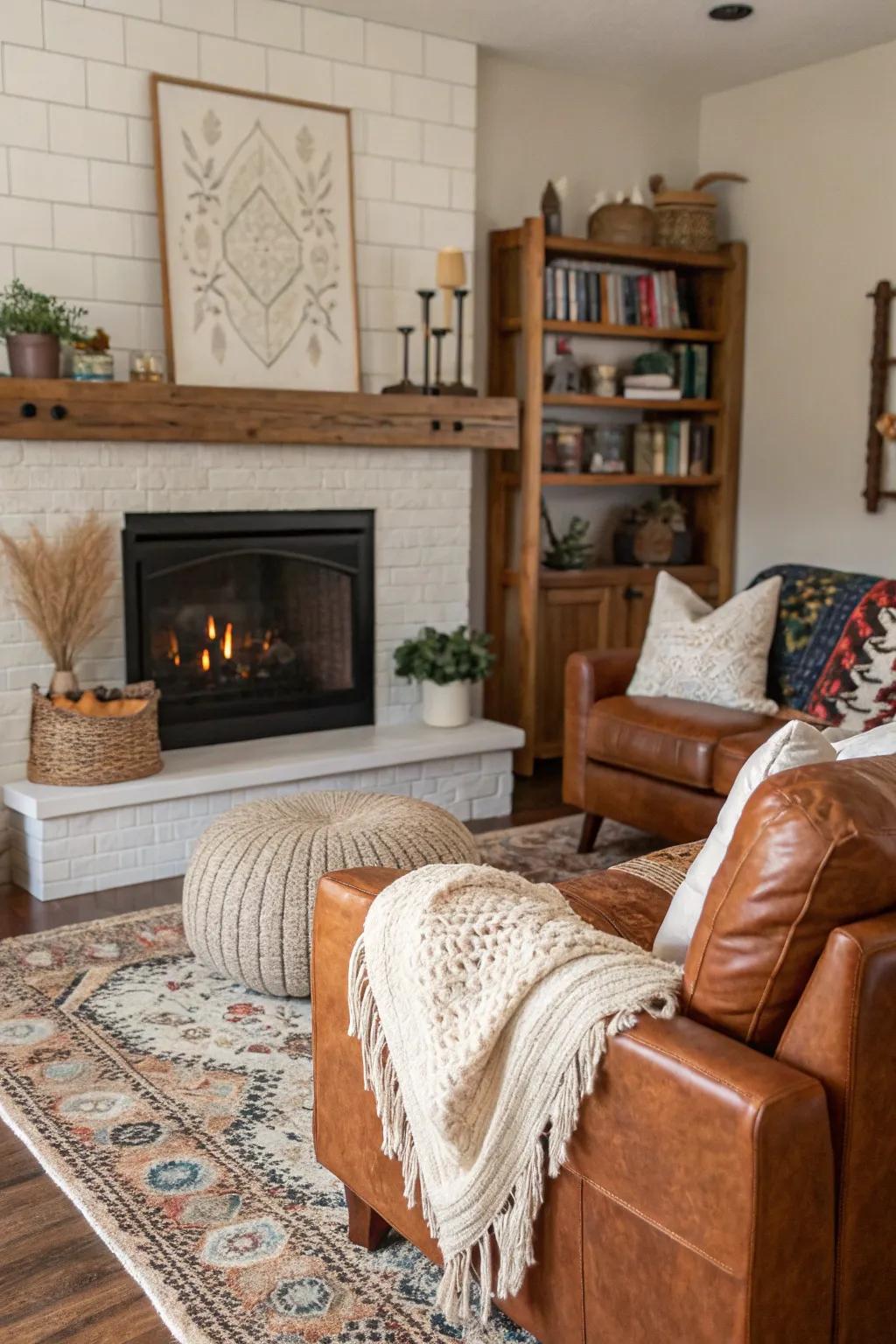 Varied textures contribute depth and intrigue to the space above the fireplace.