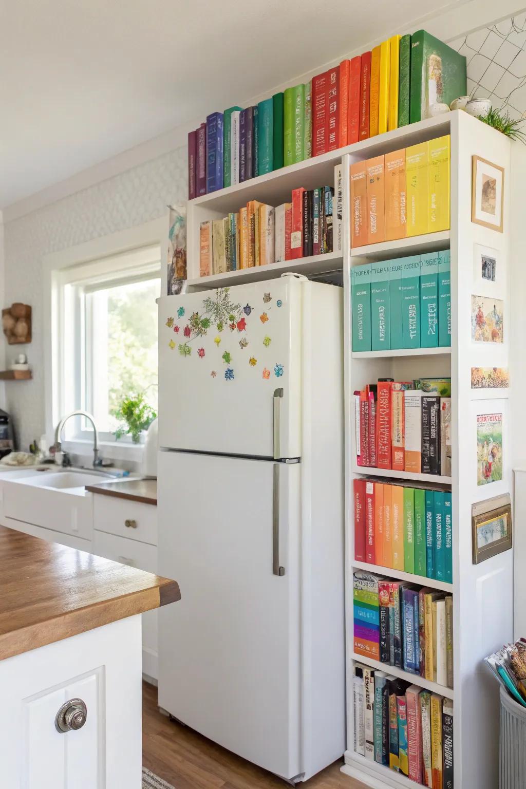 Cookbooks add color and inspiration over the fridge.