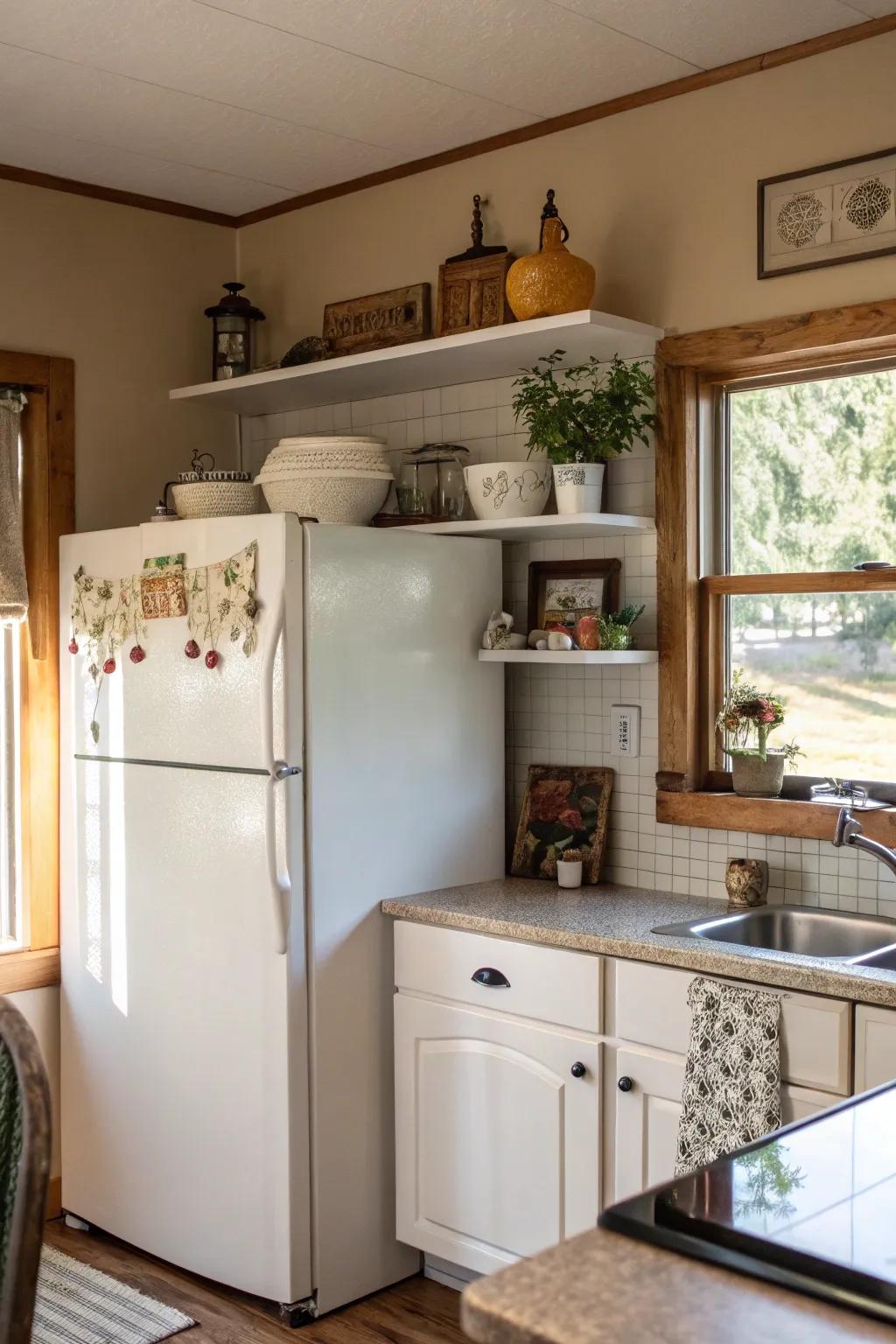Shelves provide organized and stylish storage above the fridge.