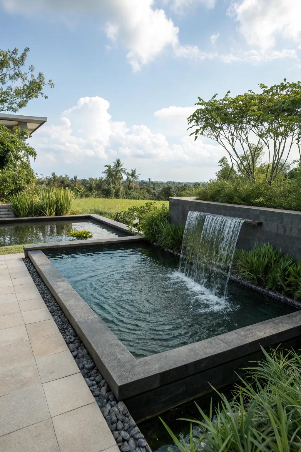 A formal shape provides a modern addition to this above-ground pond.