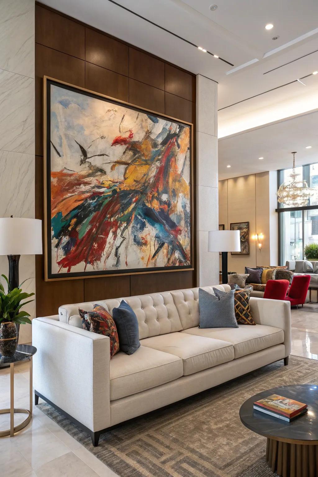 A striking central piece positioned above the seating anchors the room.