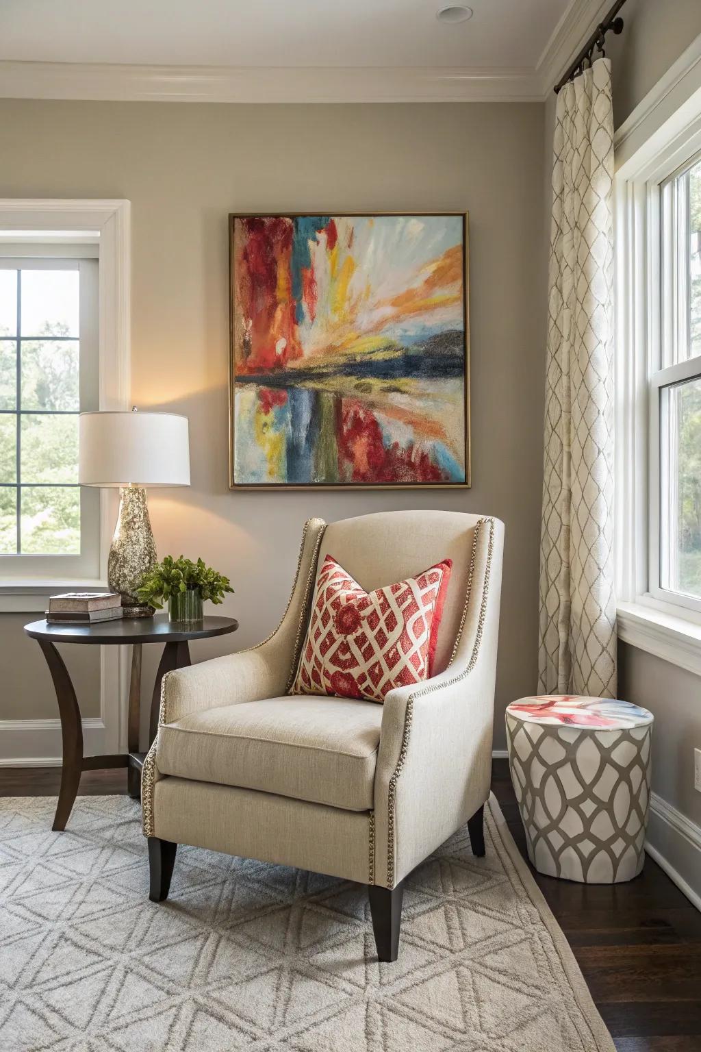 An abstract painting above an accent chair produces a mini-gallery.