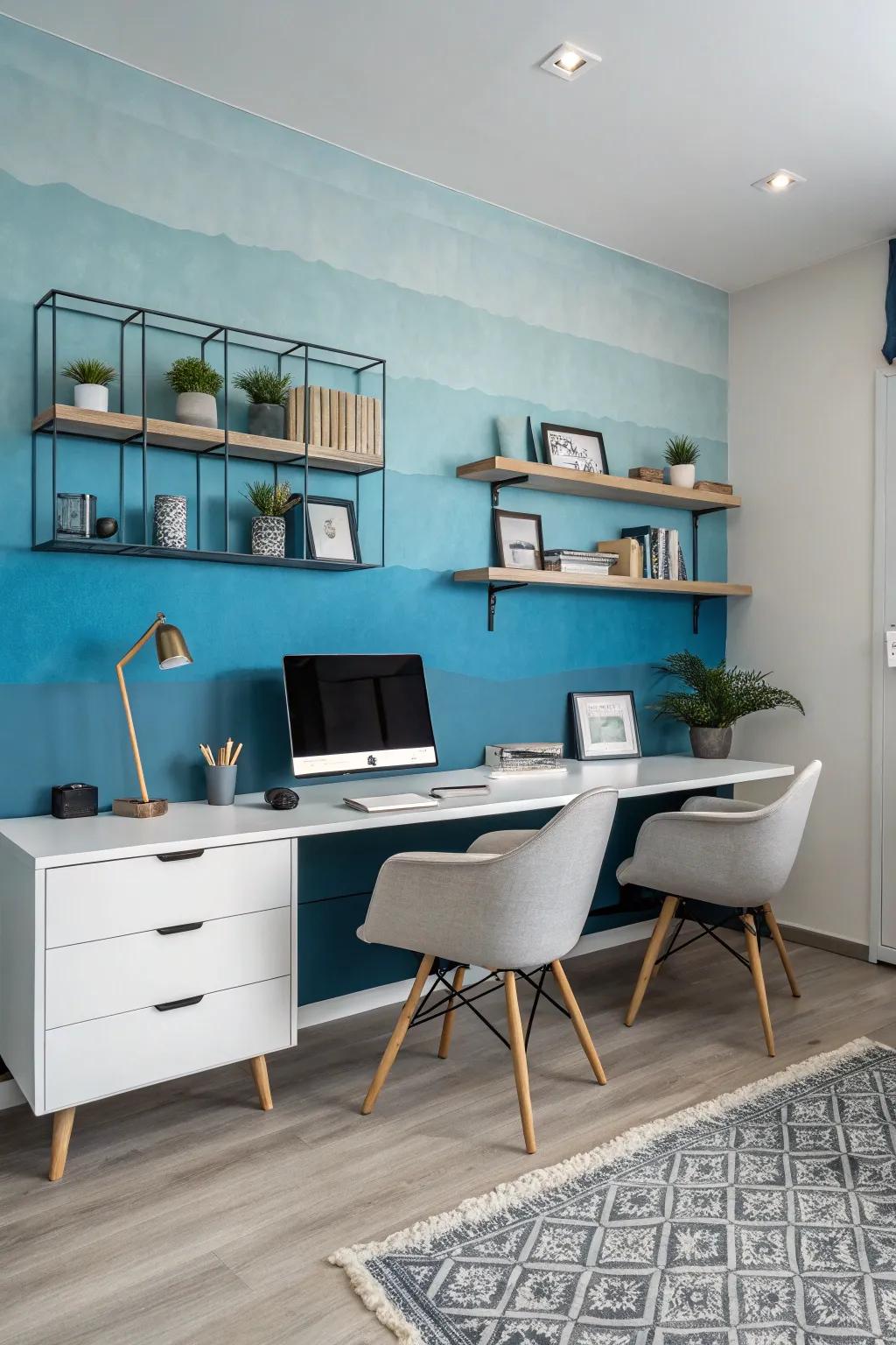 An innovative workspace featuring an inspiring gradient feature wall.