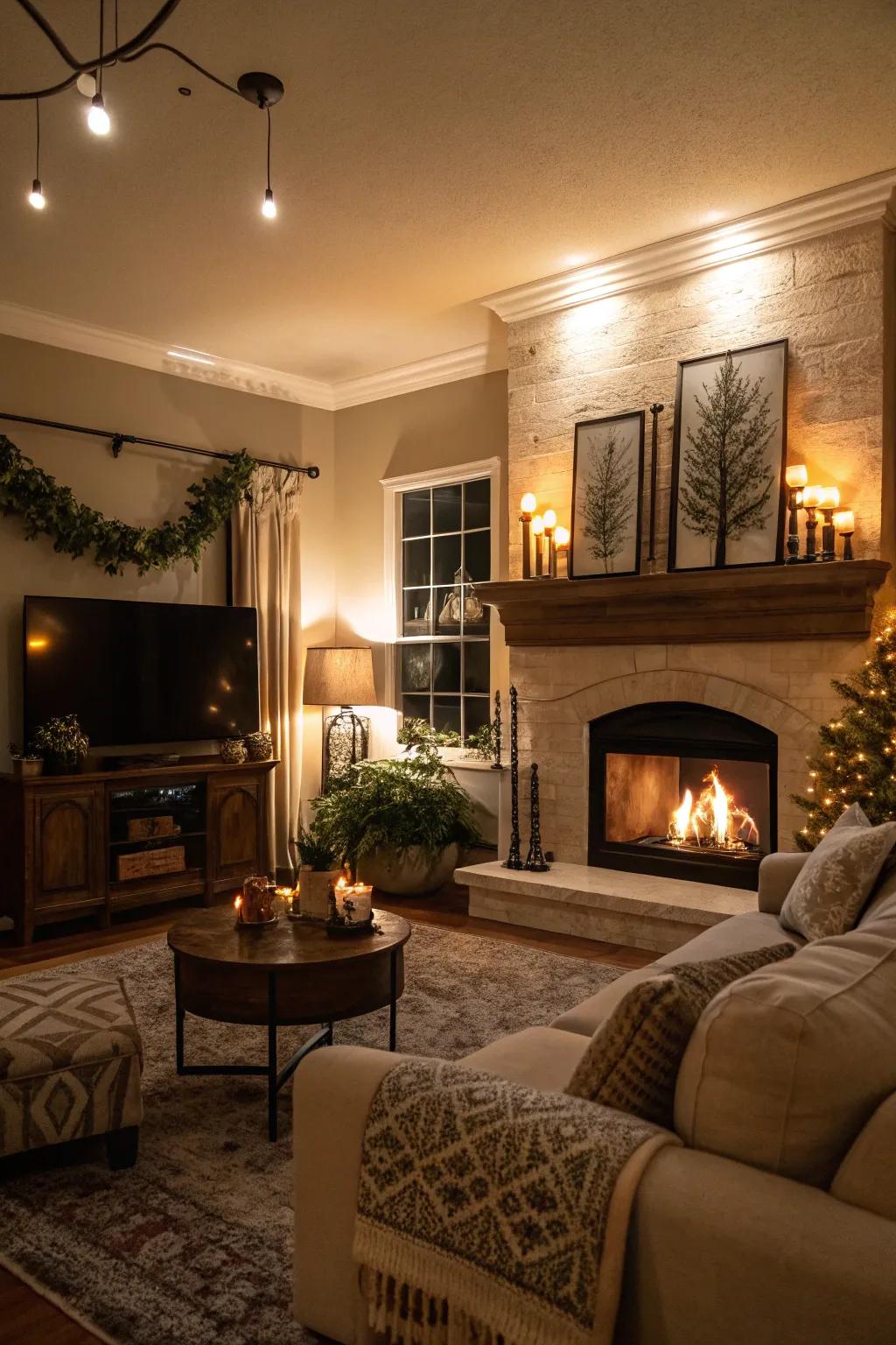 Ambient lighting highlights the fireplace's architectural beauty.
