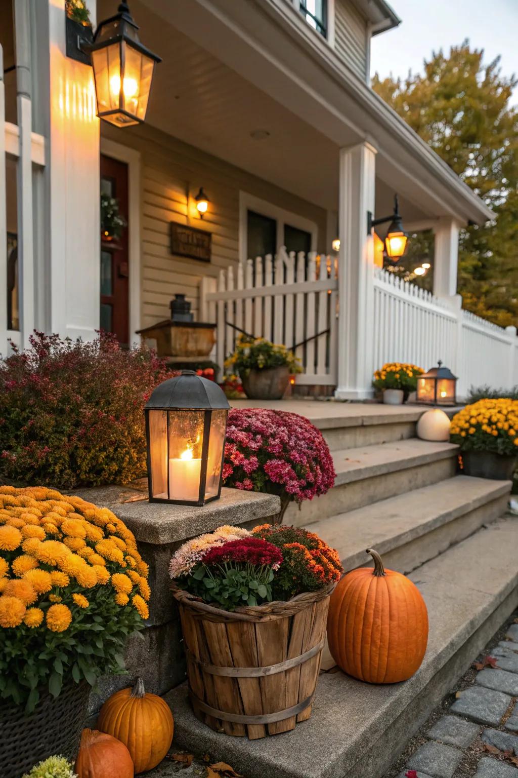 A porch decorated with vibrant seasonal enhancements.