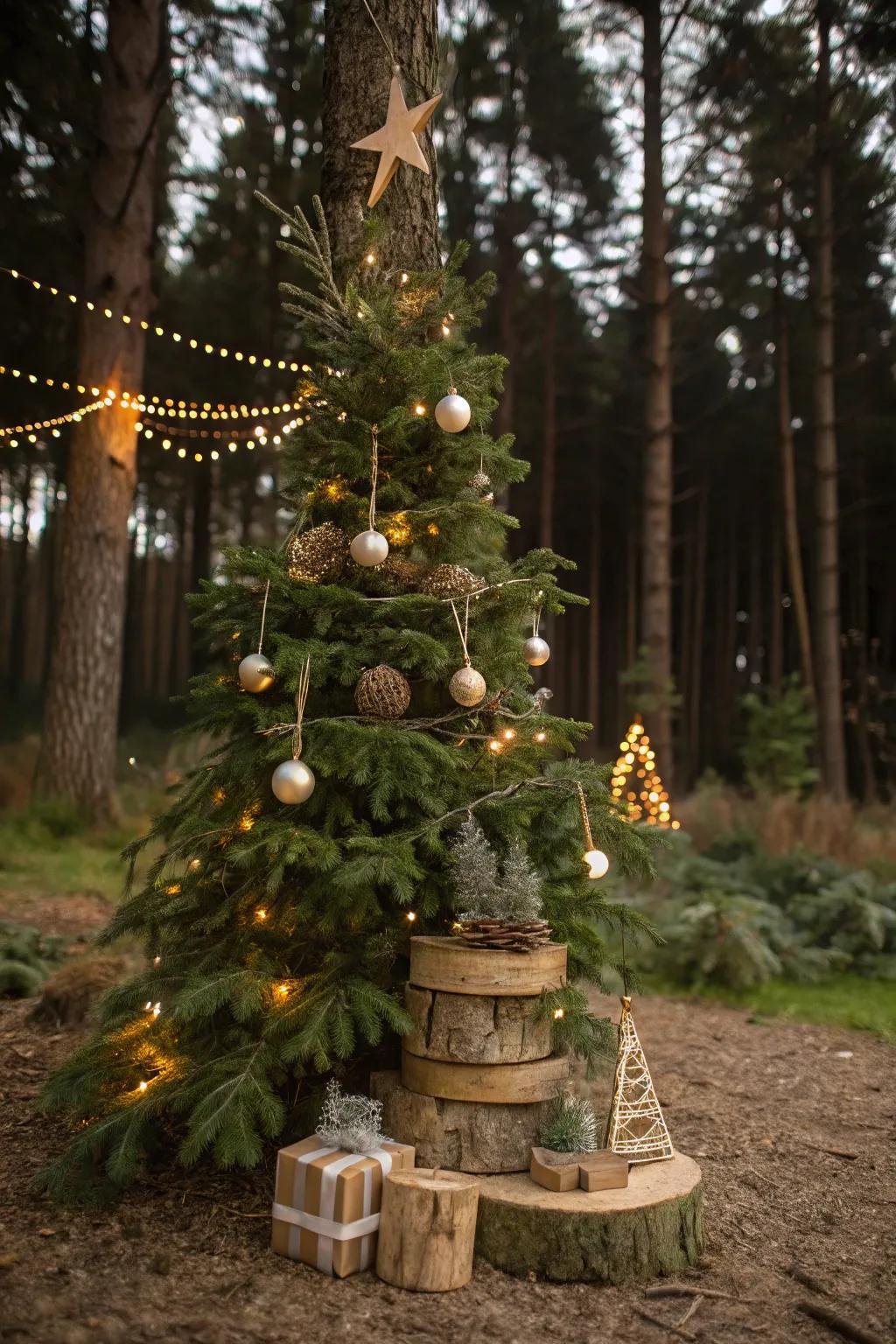 A Christmas tree featuring a natural impression, embellished with wooden components and greenery.