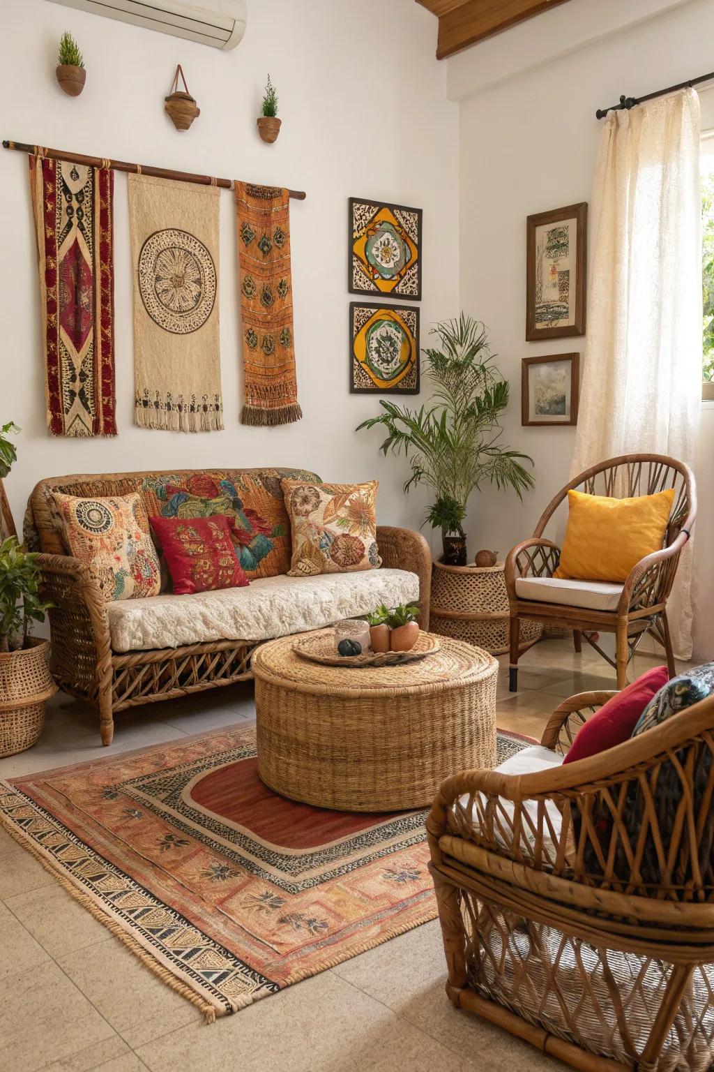 A bohemian-inspired living area featuring rattan and woven decorations.