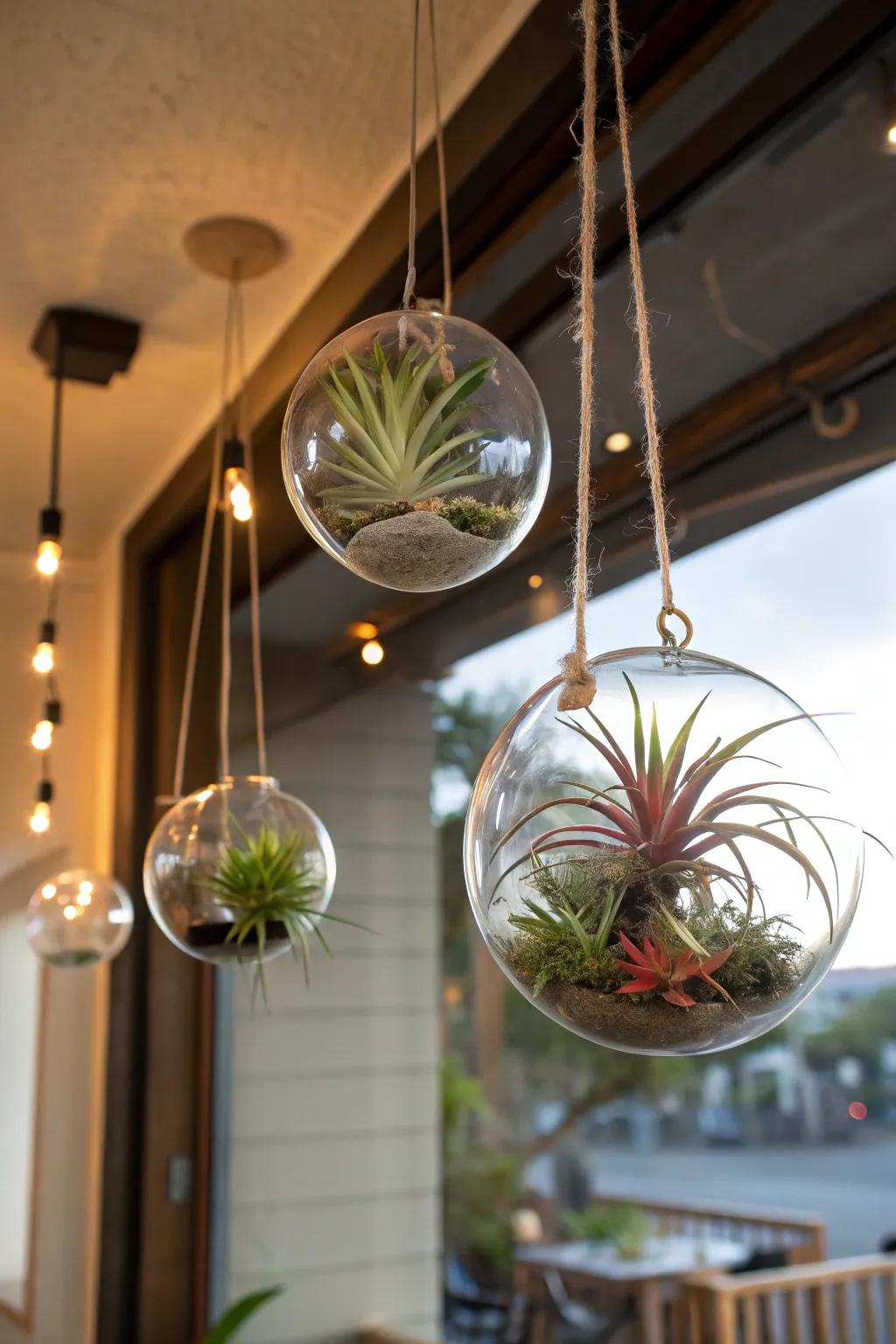 Hanging glass orbs make up this delightful floating garden.