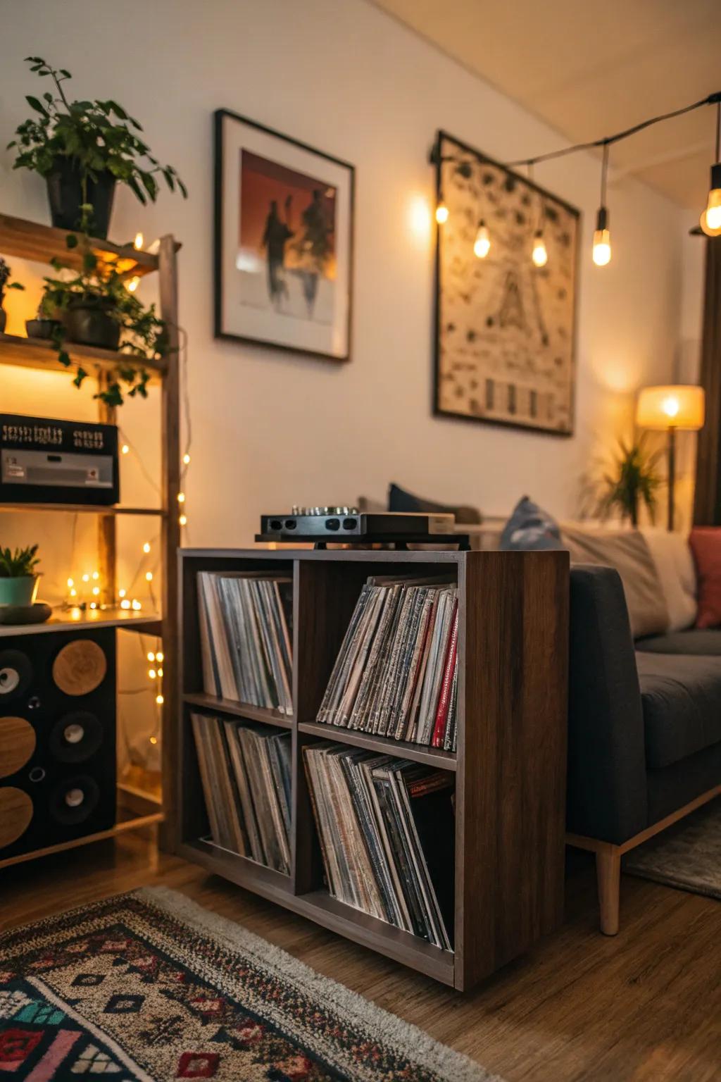 A custom vinyl record shelf tailored to personal preferences and room decor.