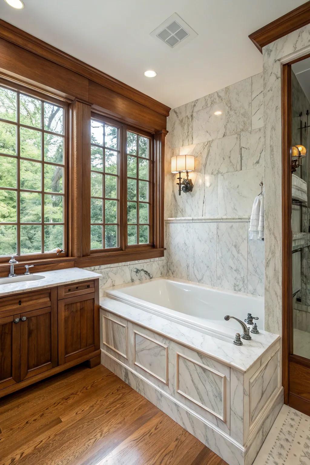 Achieve a refined aesthetic through a mix of polished stone and lumber.