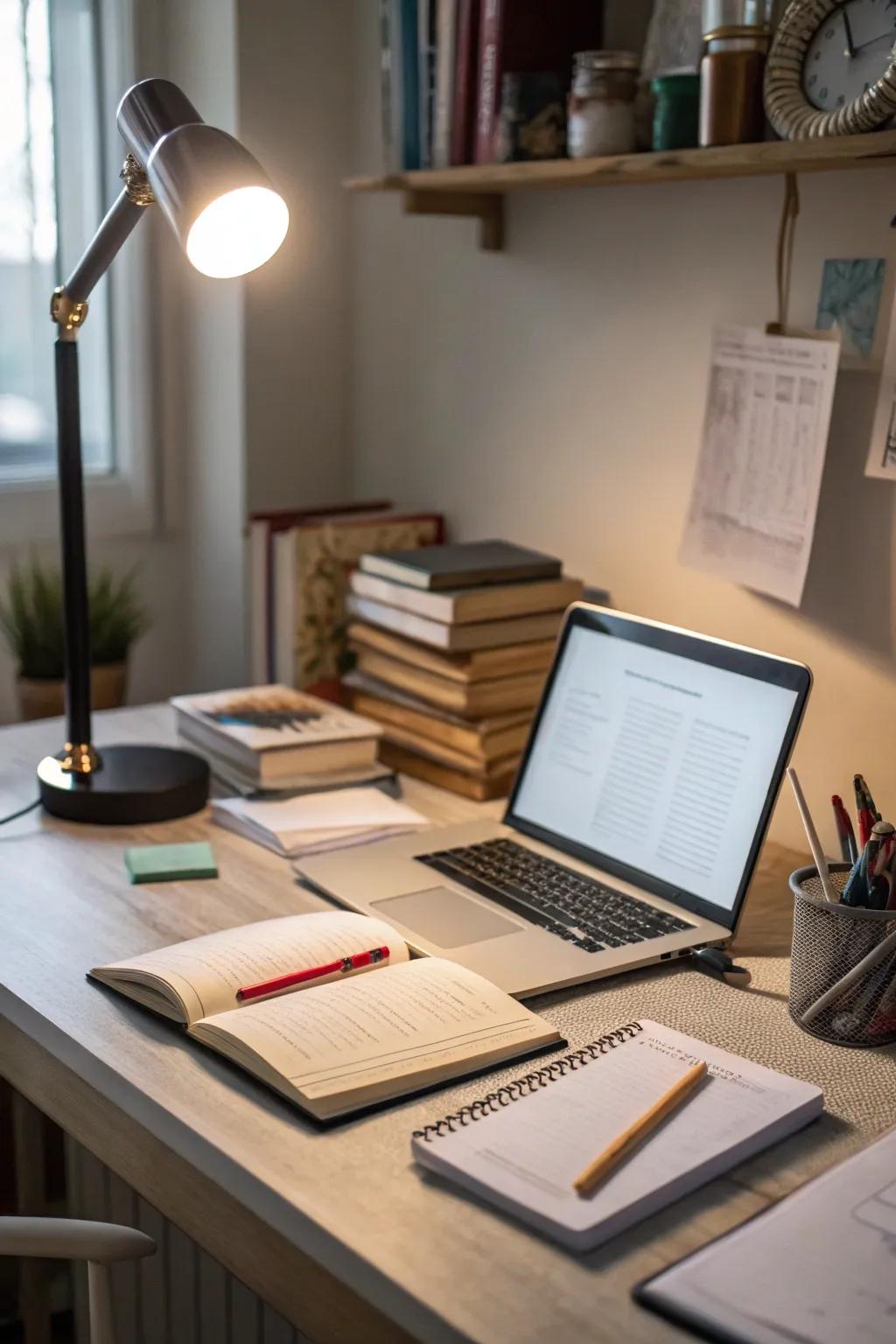 A table illuminated by task lighting for improved productivity.