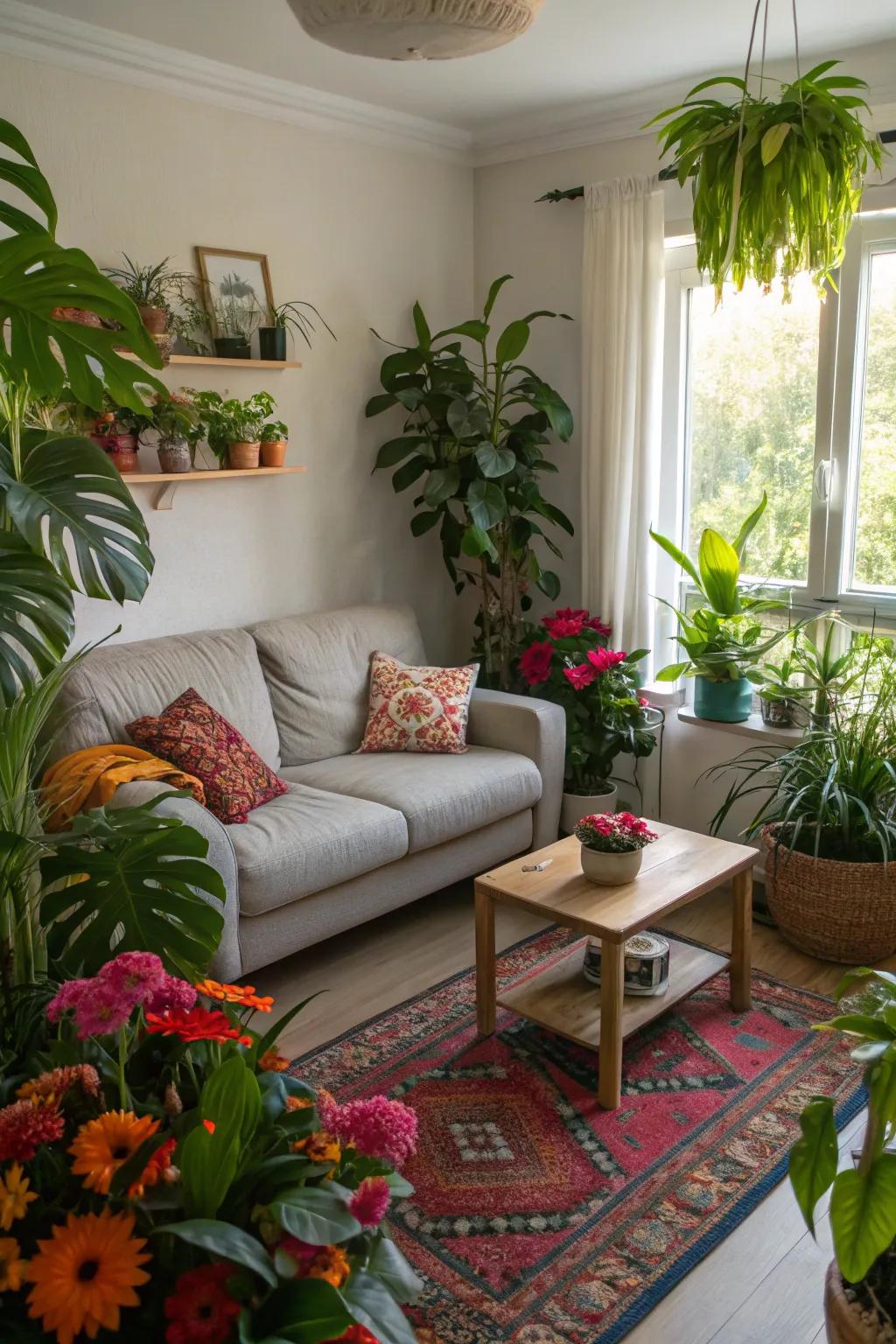 Indoor plants make this small living room feel alive and fresh.