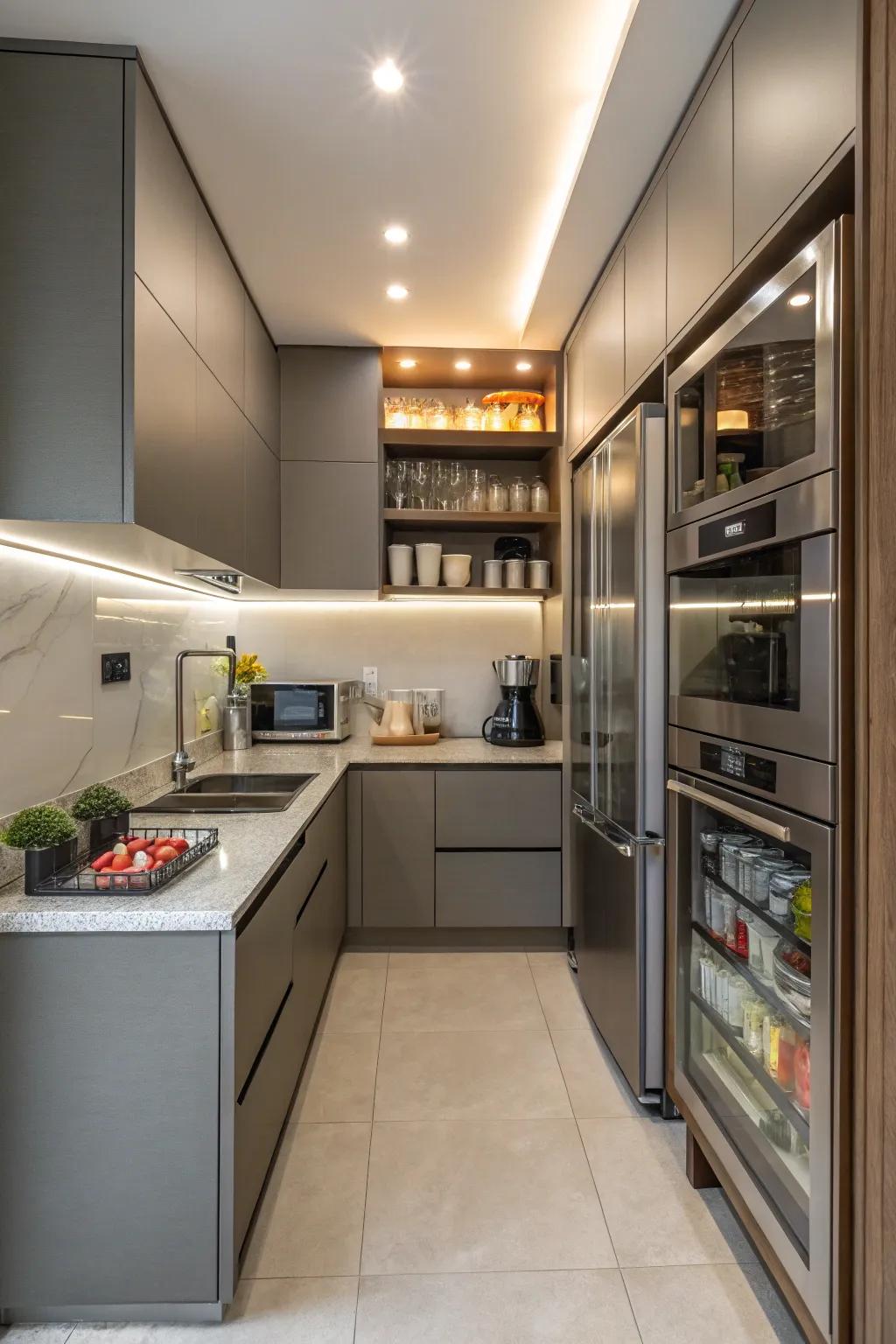 Under-counter cabinets hide appliances, which maximizes space in smaller kitchens.