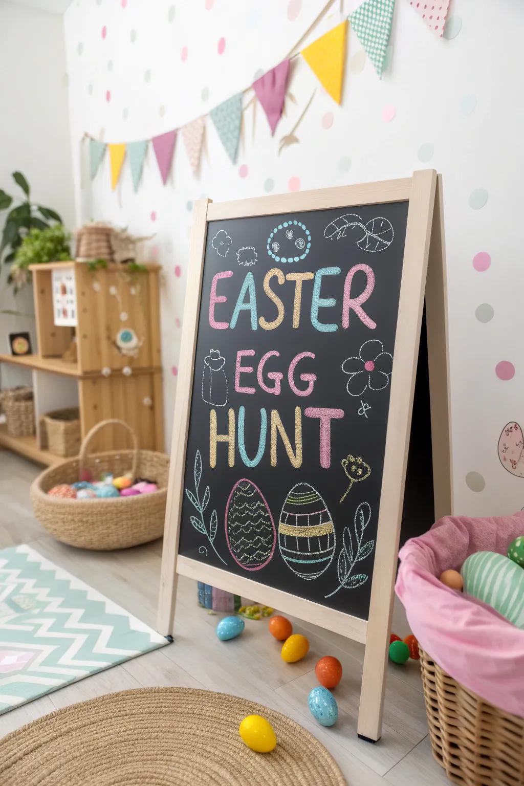Egg hunt excitement drawn in chalk.