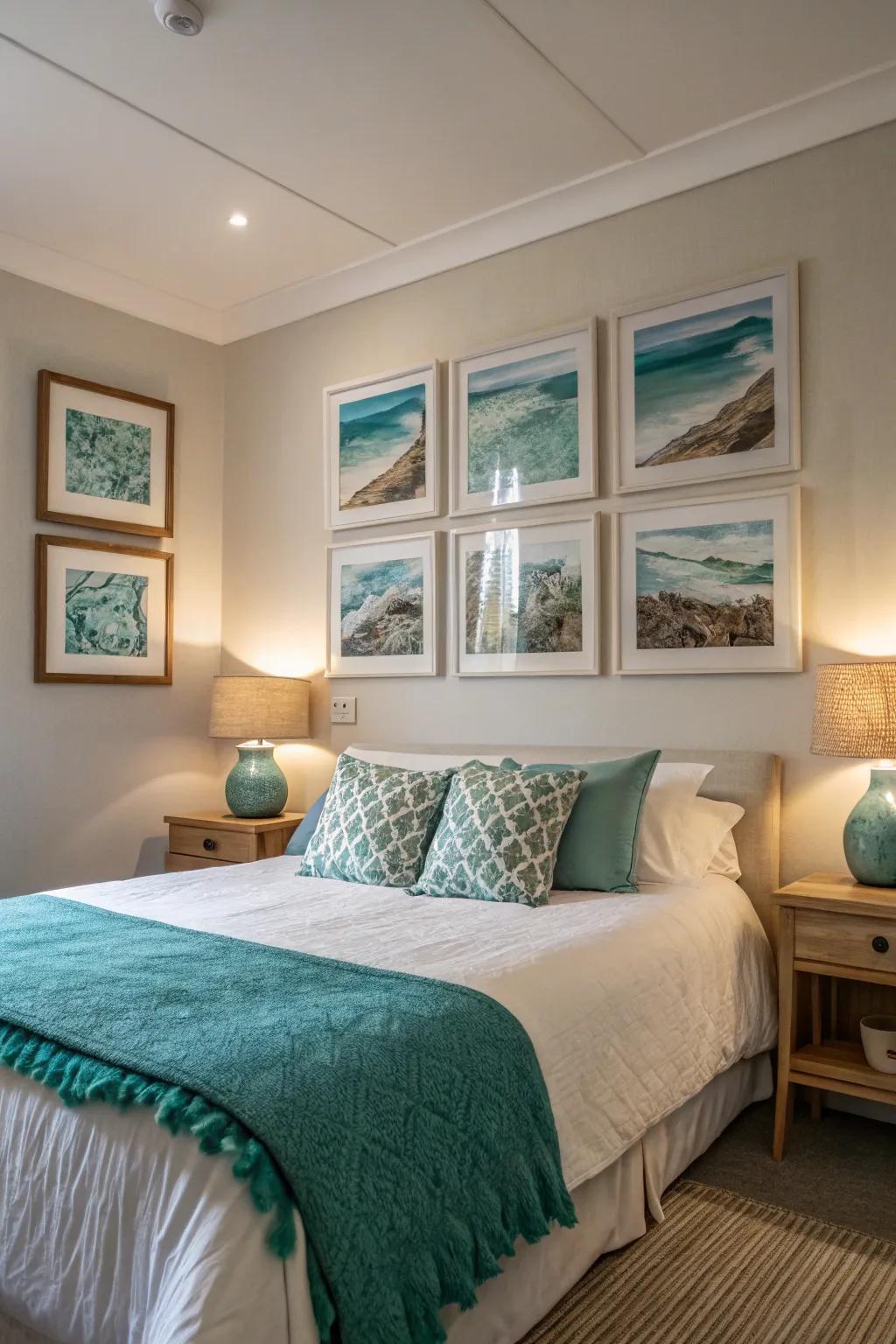 Art pieces enrich the ocean theme in the bedroom.