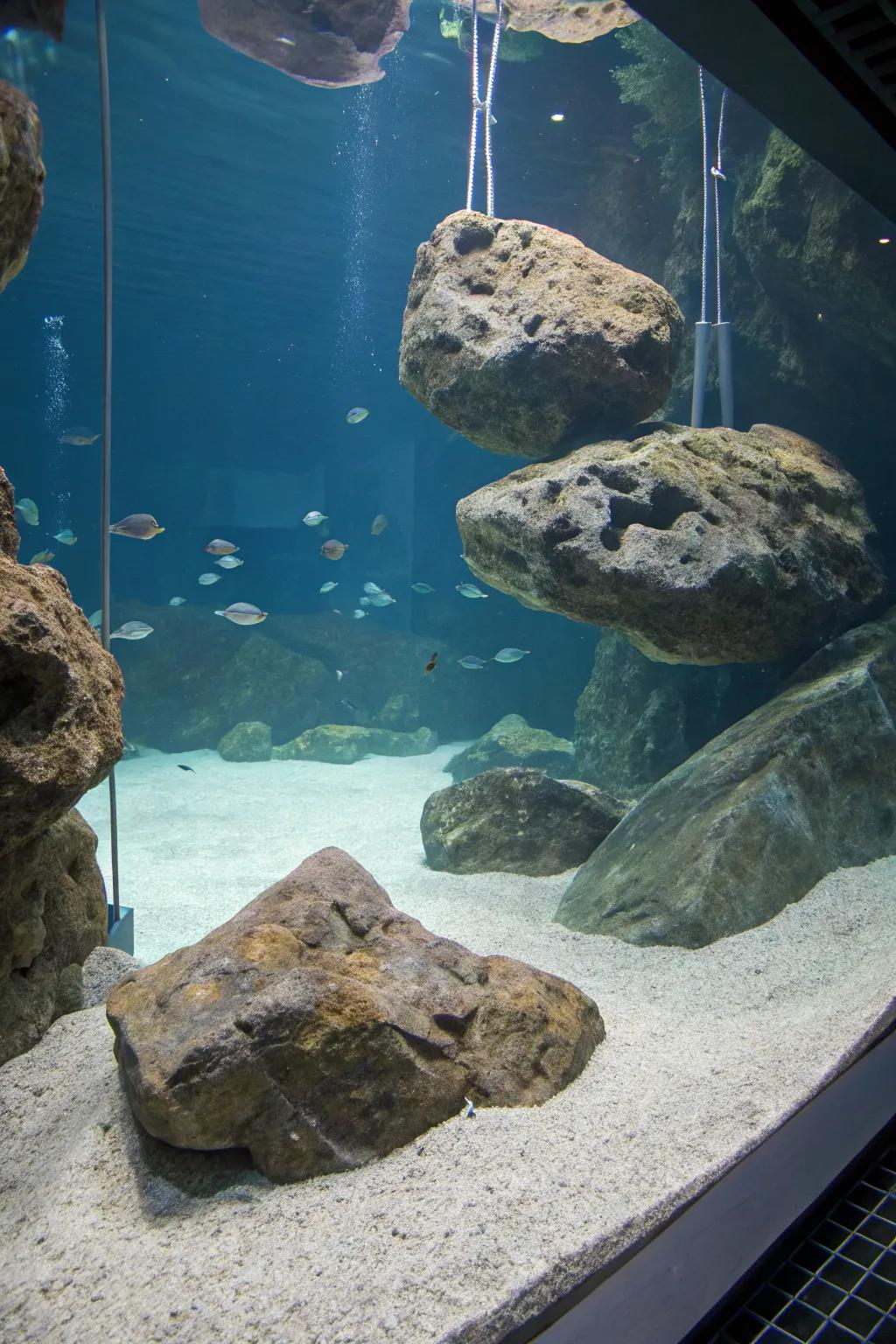 Floating rocks append an enchanting component to this aquascape.