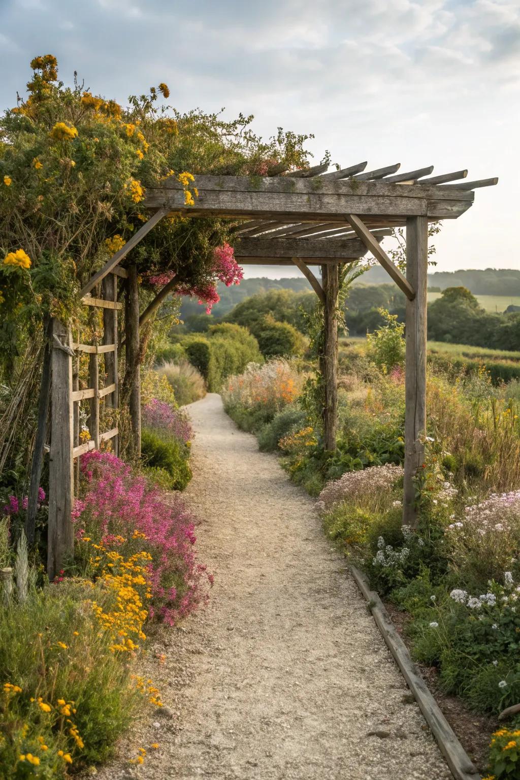 A rustic wooden arbor complements the natural beauty of the garden.