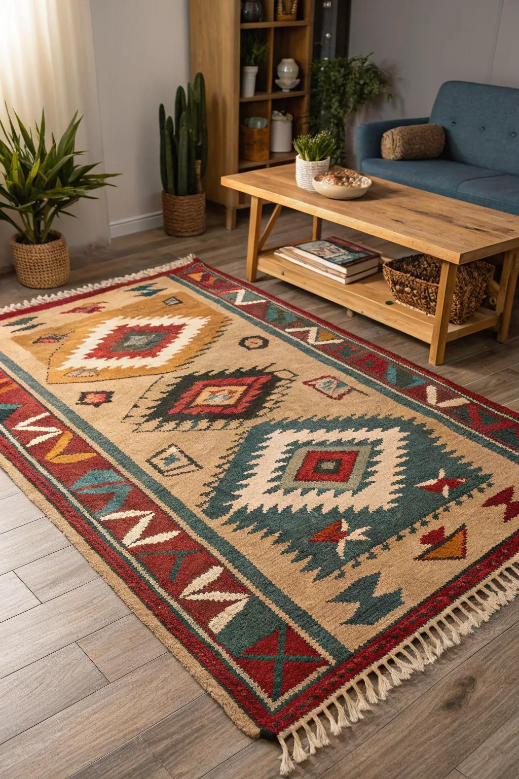 A Southwestern rug enriches the ambiance and appearance of an Arizona room.