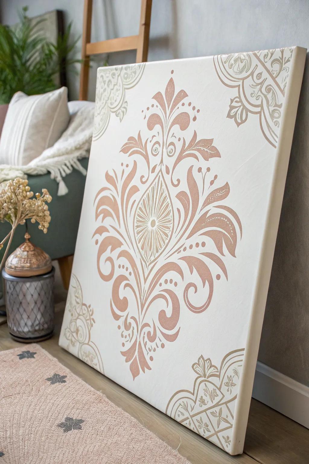 Add depth and elegance to your art with stenciled designs, creating an inviting and airy feel.