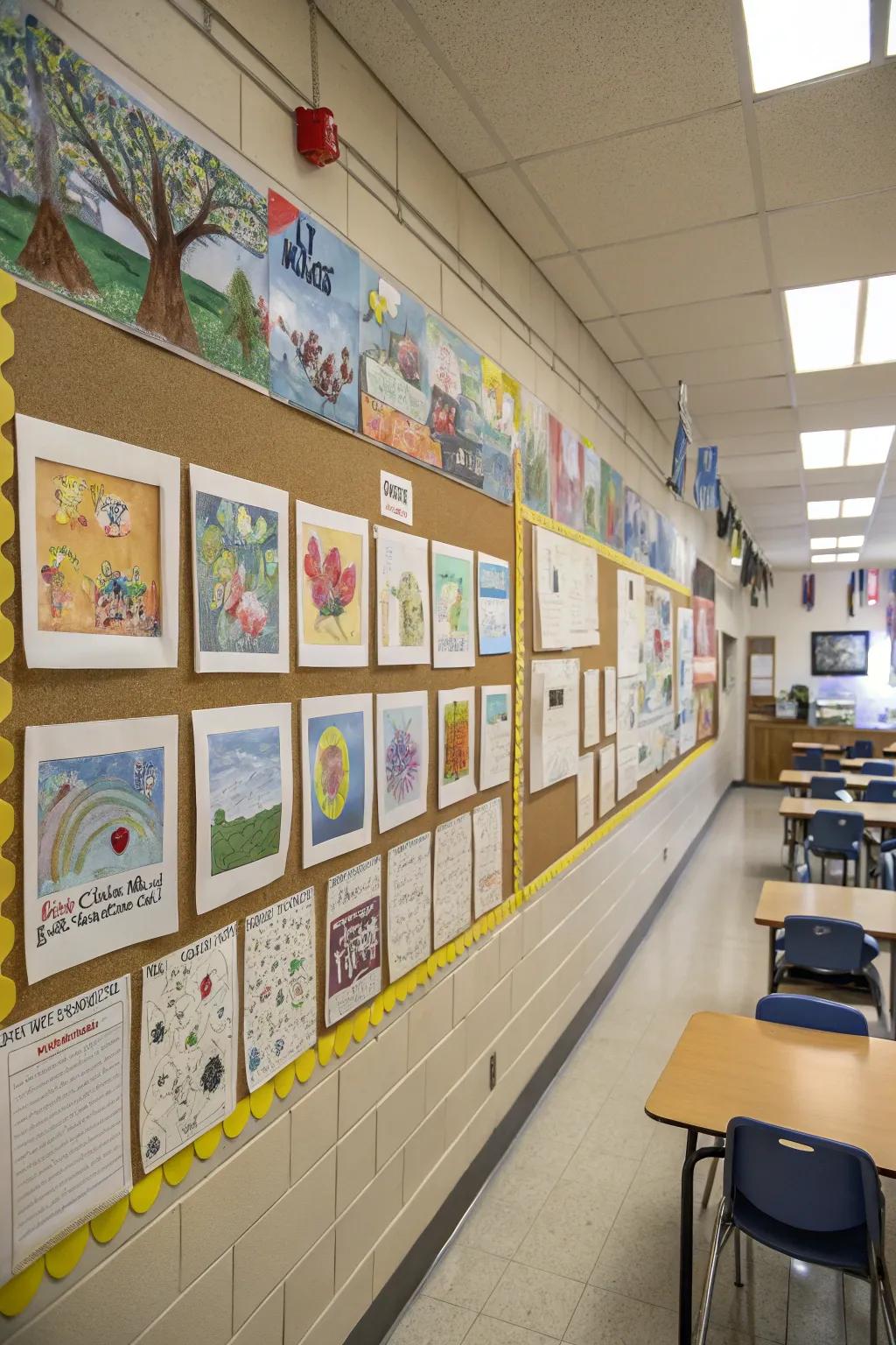 A bulletin board featuring a gallery of student artwork.