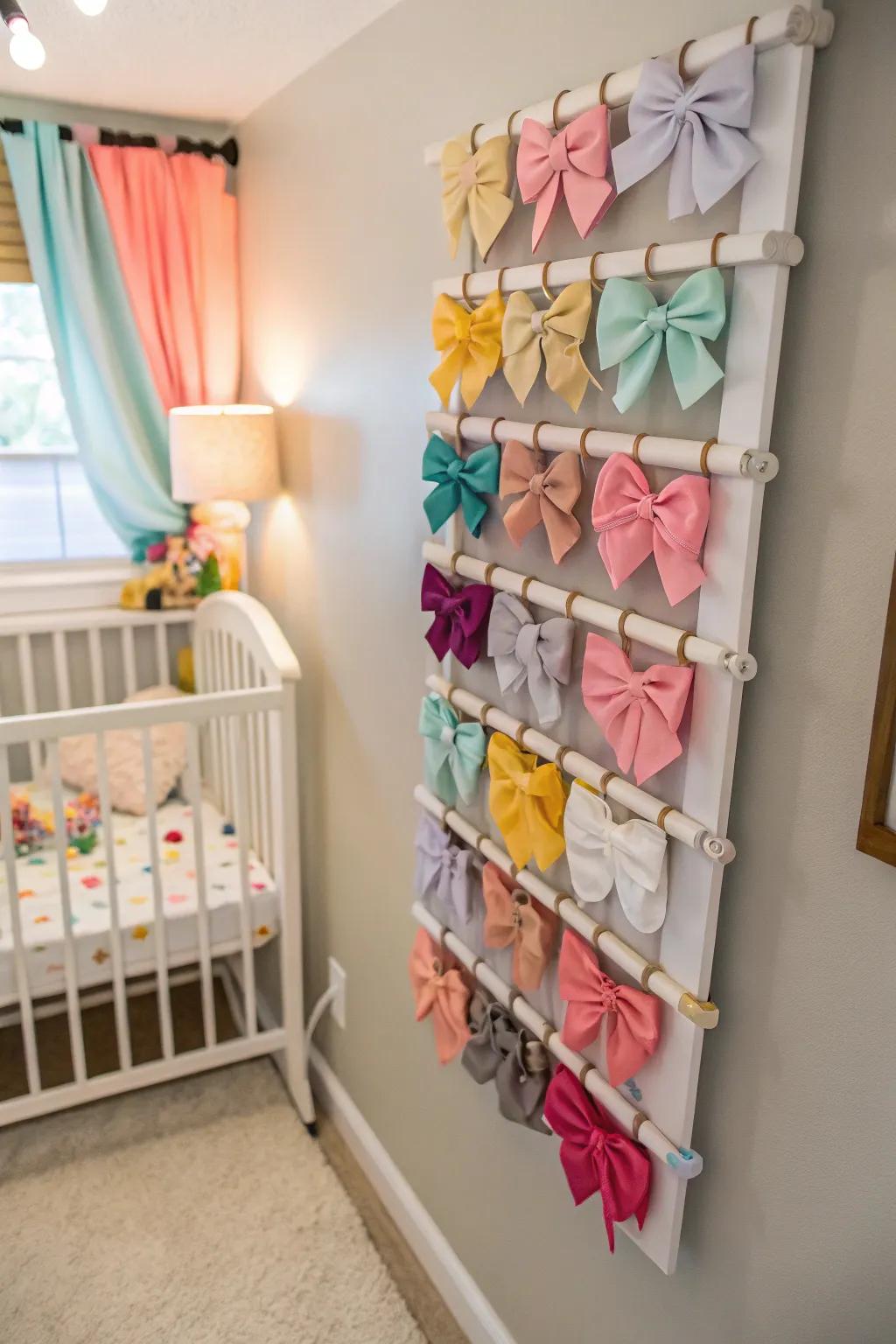 Compact wall rack designed for saving space when storing baby bows.