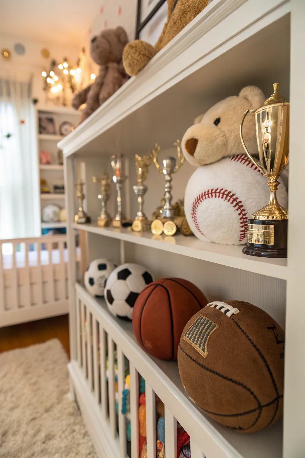 Themed accessories boost the baby room’s playful athletic atmosphere.