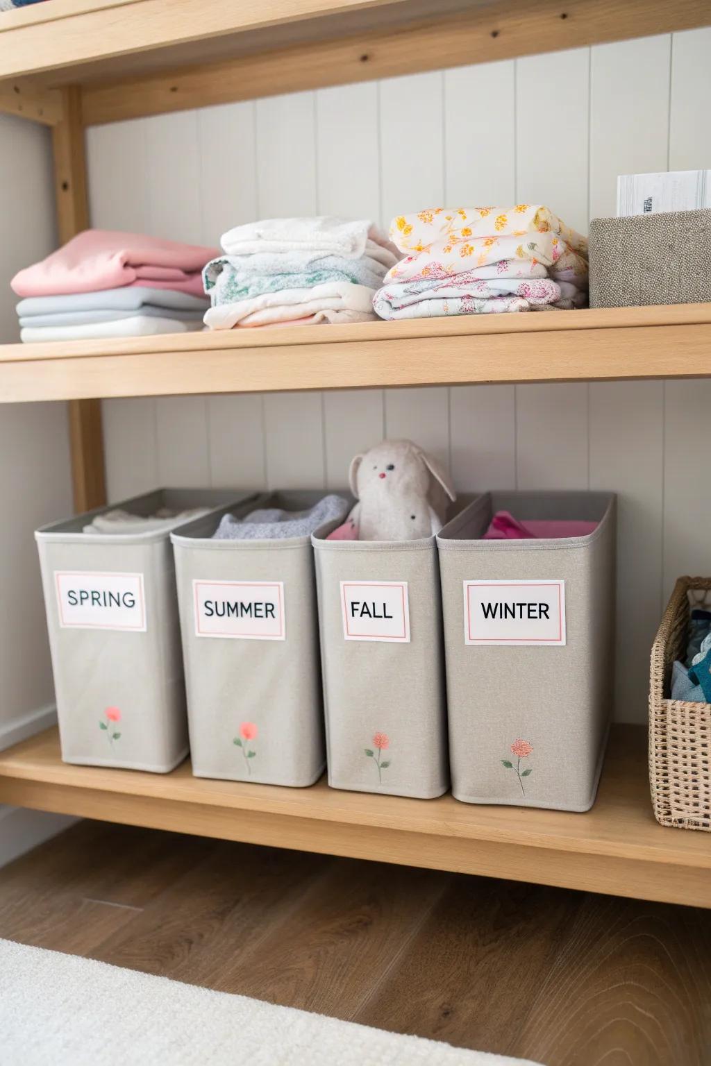 A rotation system helps you manage baby clothes by size and season.