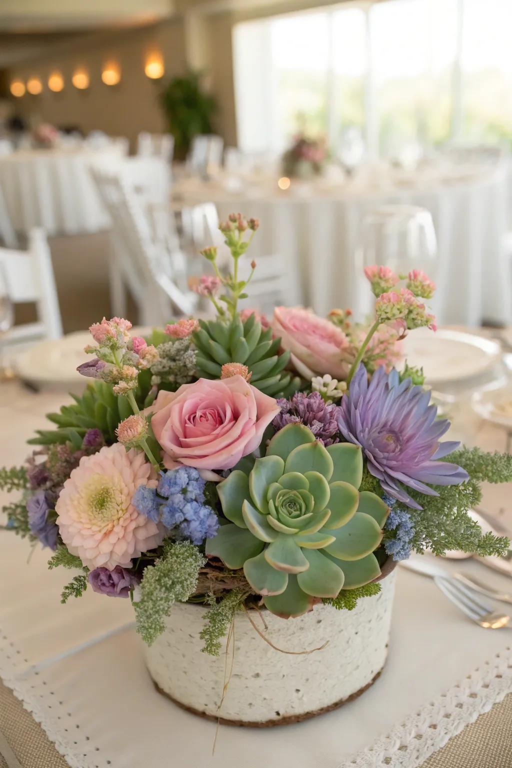 A modern centerpiece using echeveria and blossoms