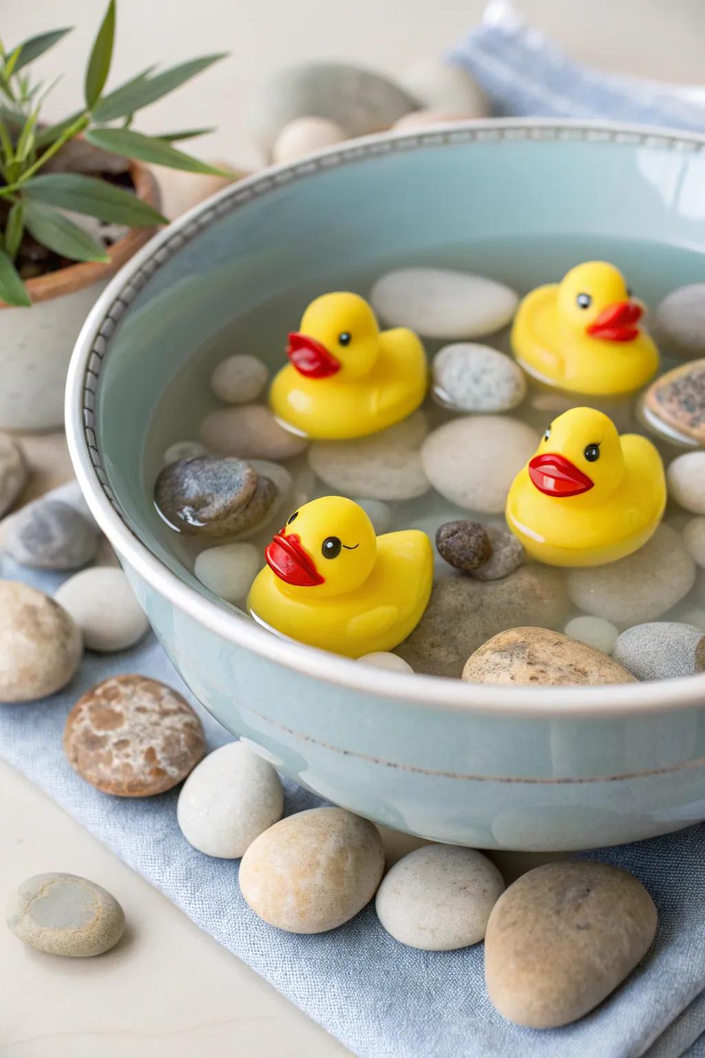 Floating rubber ducks offer a fun and playful centerpiece.