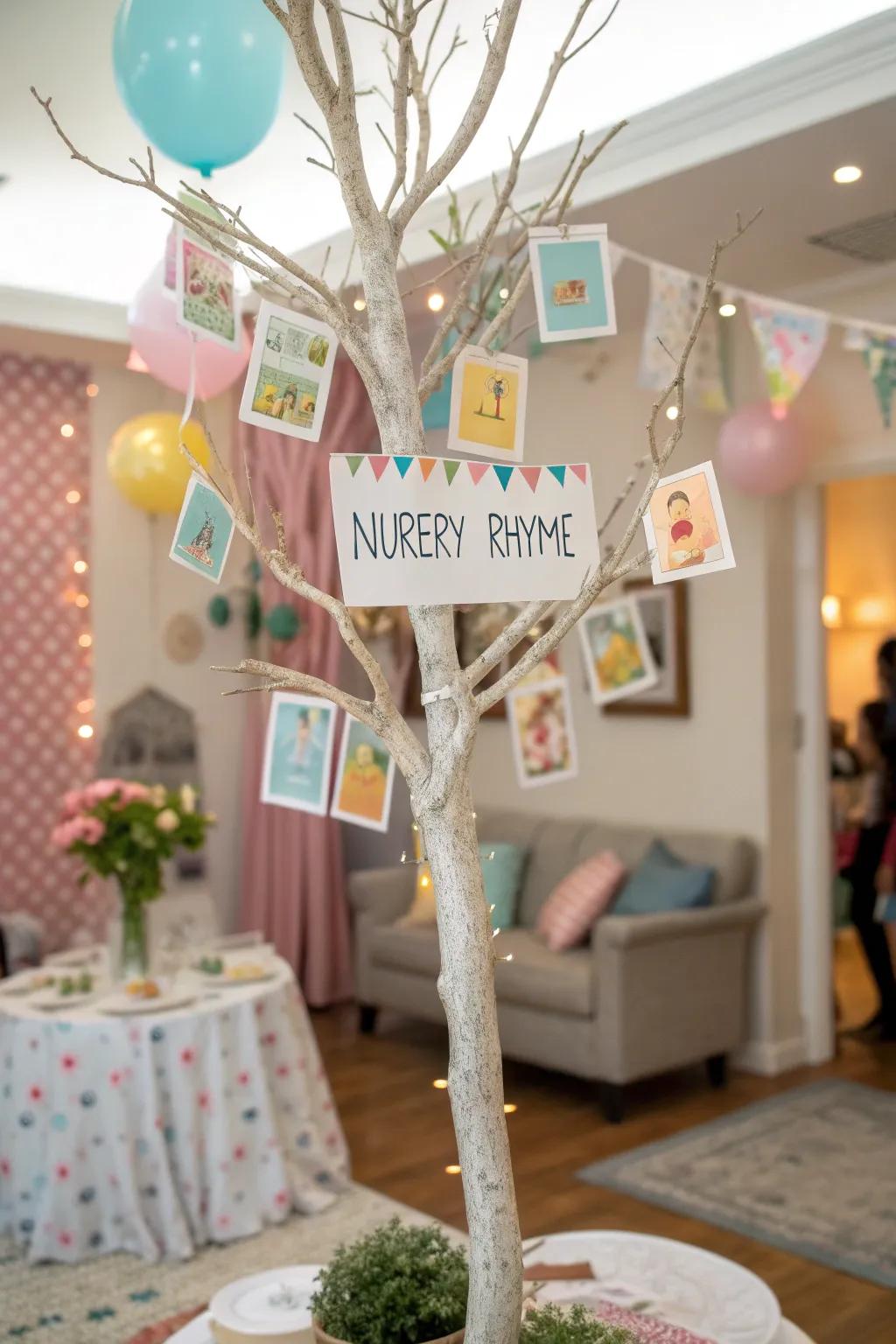 A classic tale tree showcasing rhyme cards suspended from its branches.