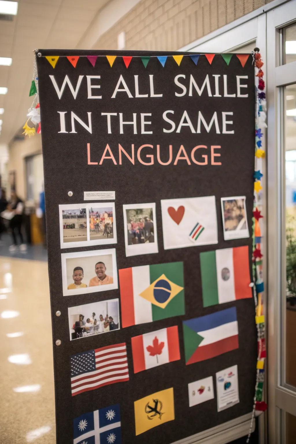 A diversity-themed bulletin board promoting inclusivity and friendship.