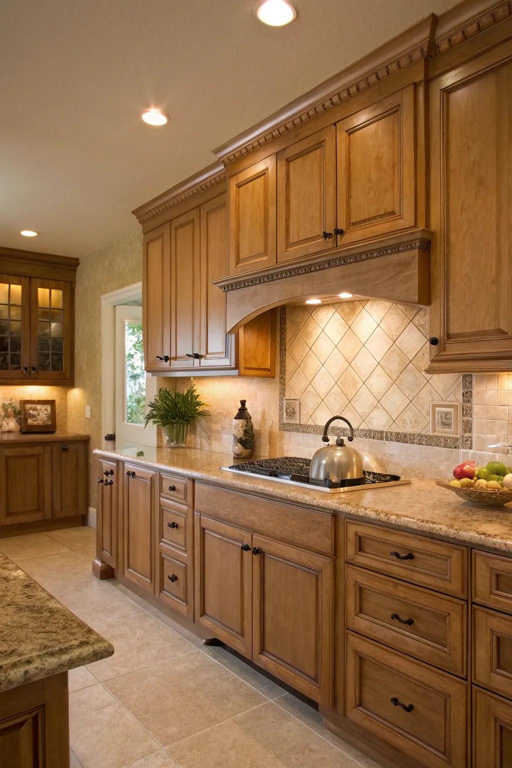 Hot shades make a balanced look with maple cabinets.